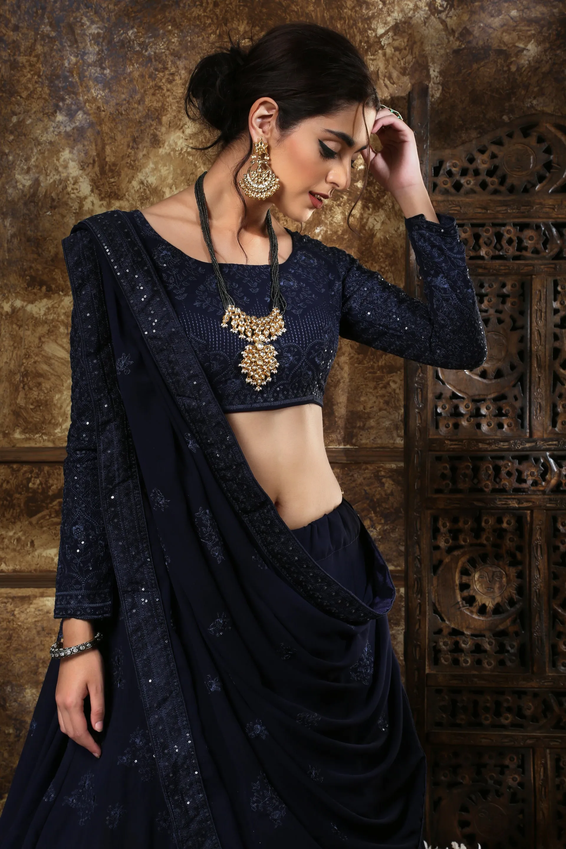 Adorable Navy Blue Georgette Thread And Sequence Embroidered Lehenga Choli