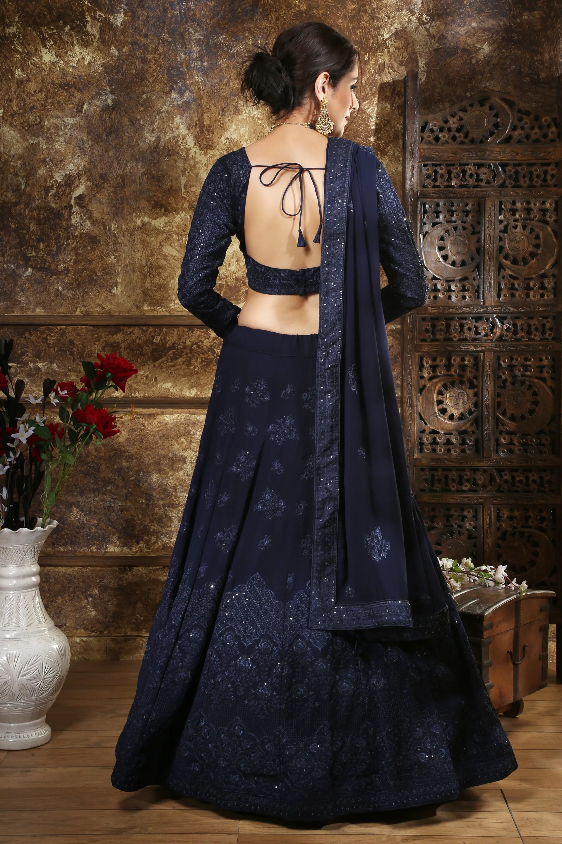 Adorable Navy Blue Georgette Thread And Sequence Embroidered Lehenga Choli