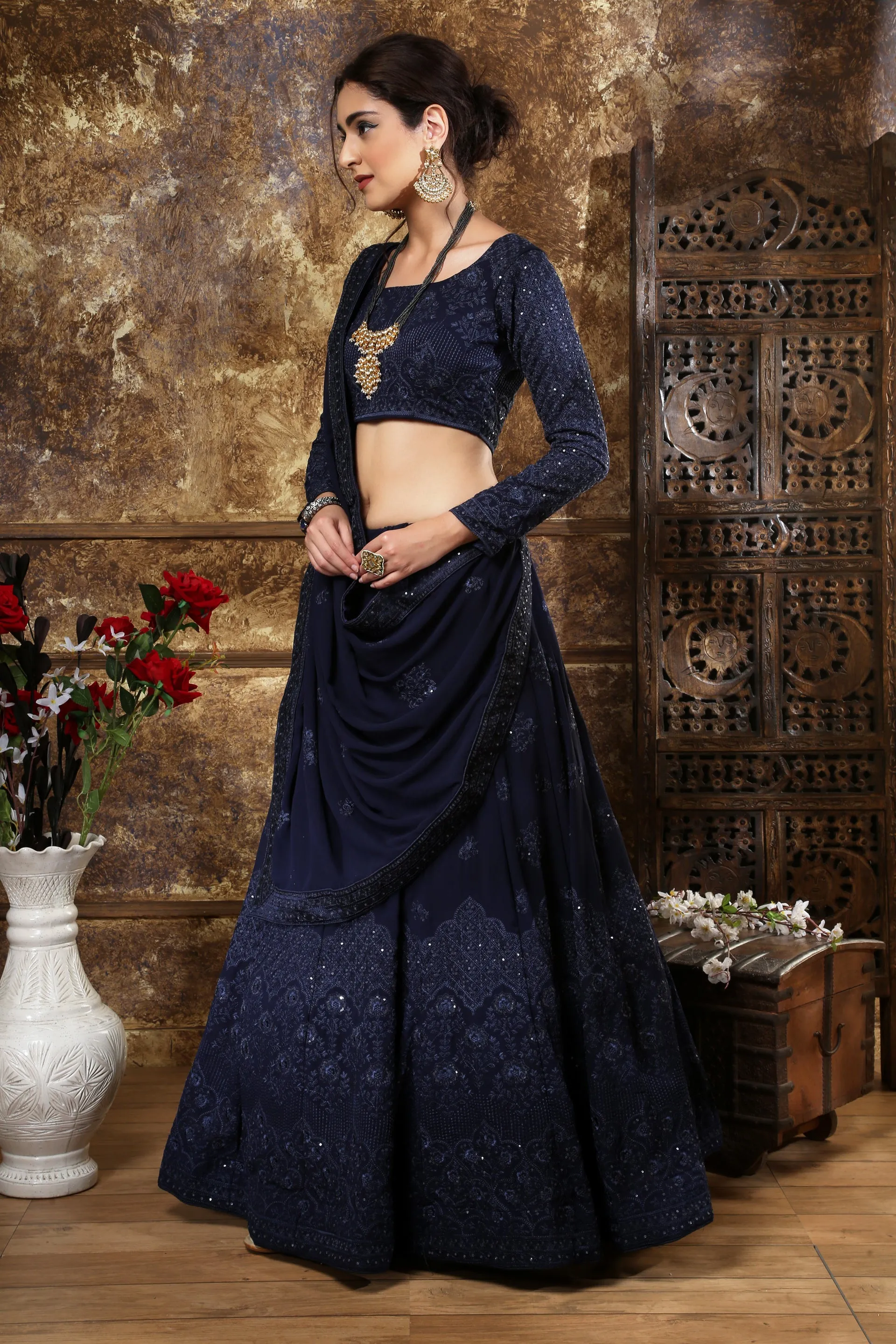 Adorable Navy Blue Georgette Thread And Sequence Embroidered Lehenga Choli
