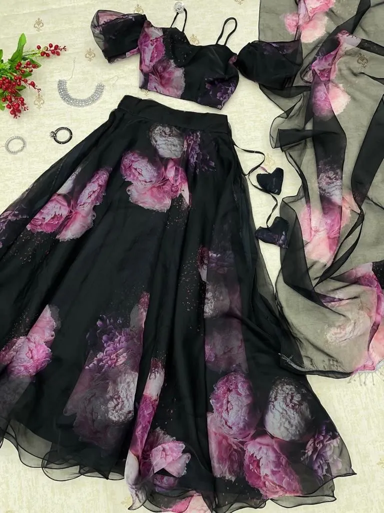 Adorable Organza Silk Black Color Lehenga Choli