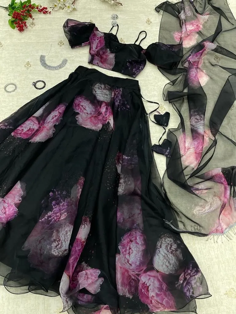 Adorable Organza Silk Black Color Lehenga Choli