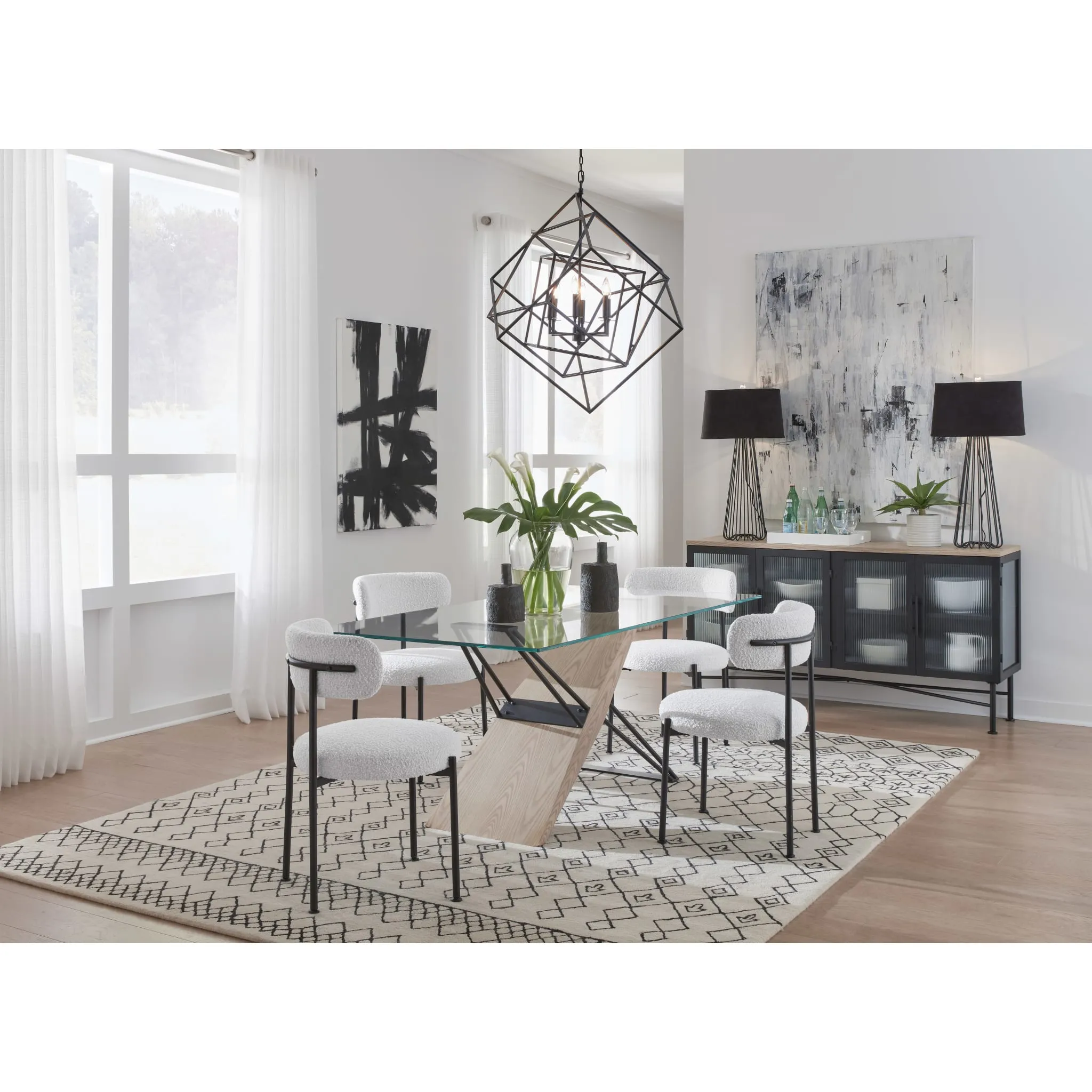 Aere Boucle Upholstered Metal Leg Dining Chair in Ivory and Black