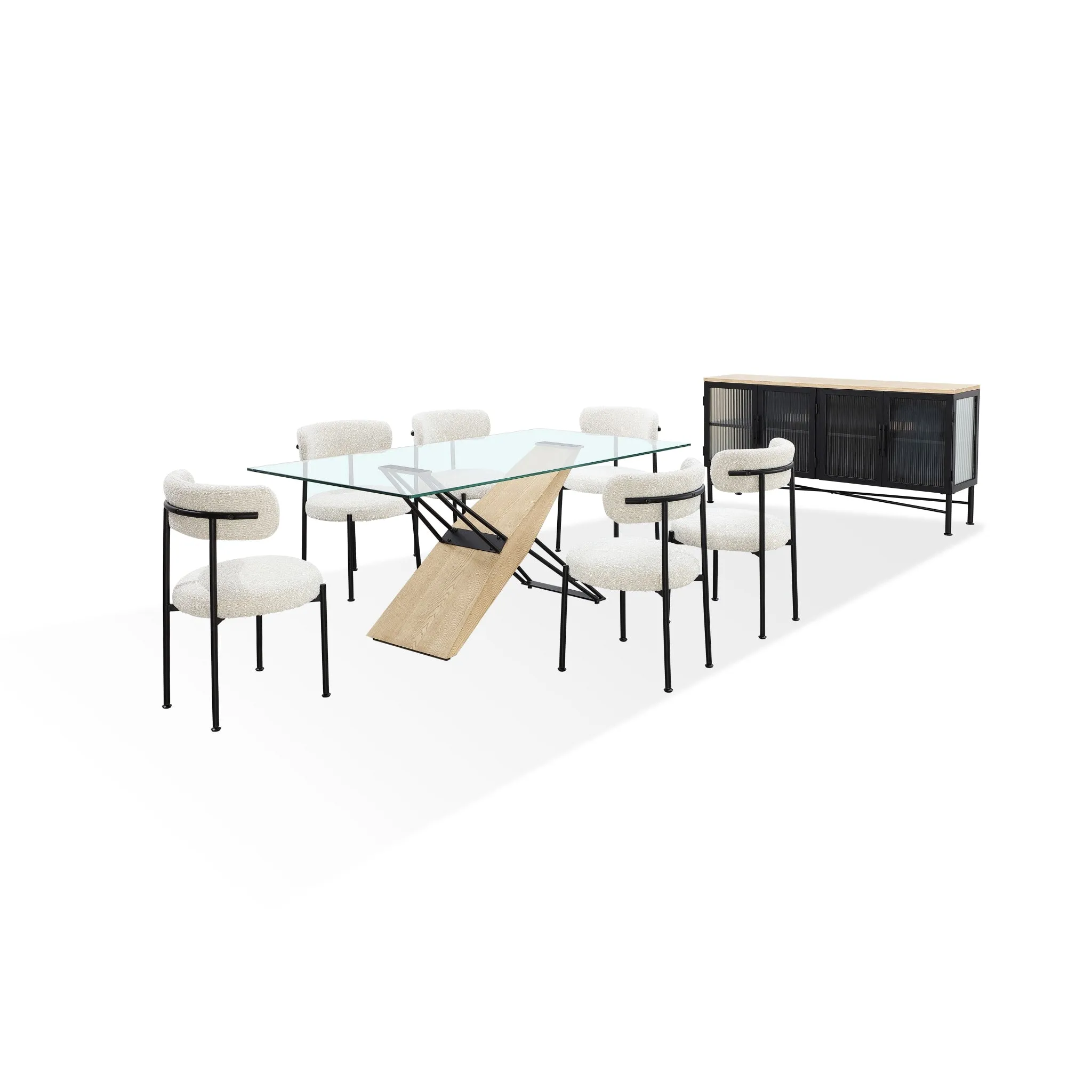 Aere Boucle Upholstered Metal Leg Dining Chair in Ivory and Black