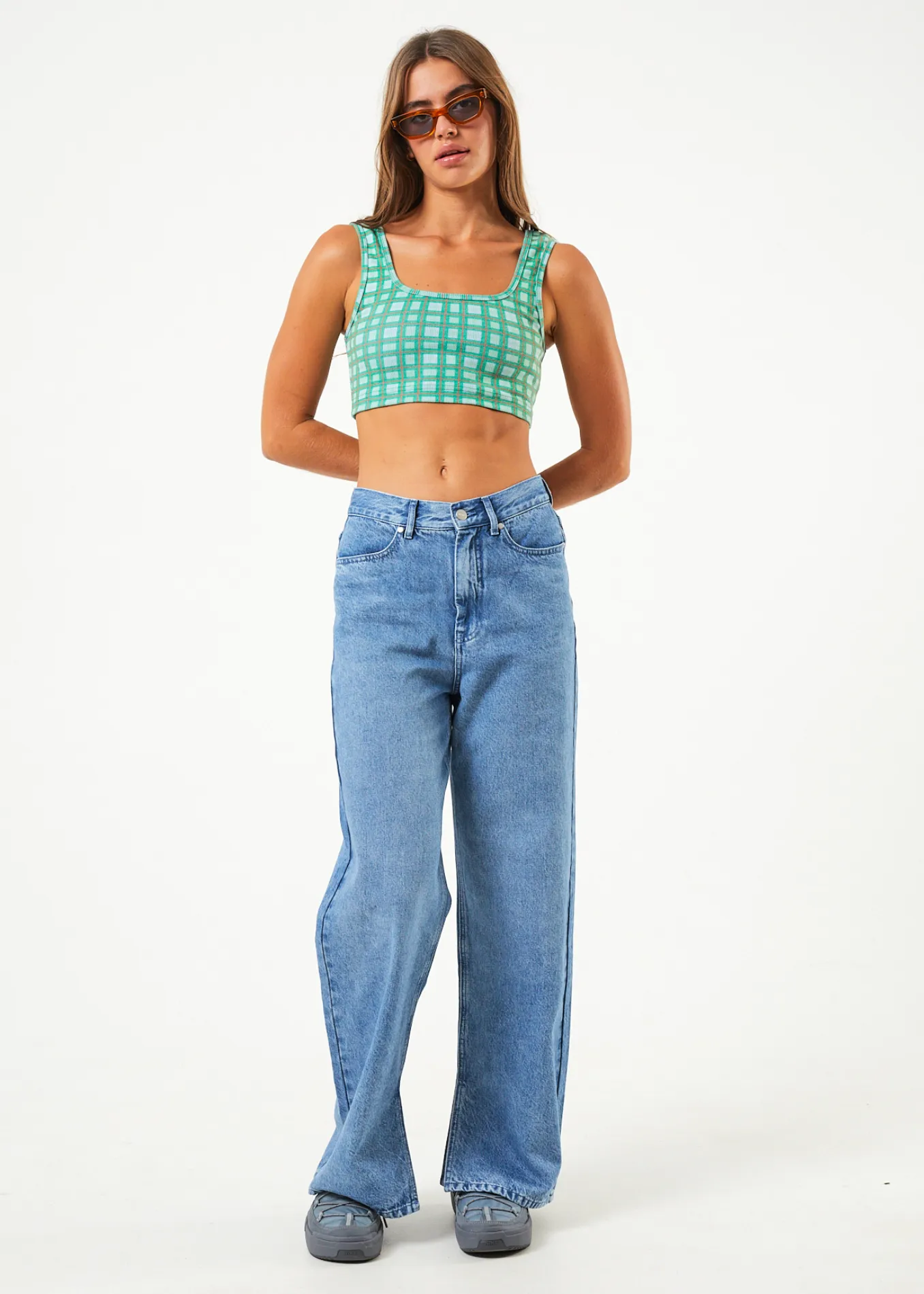 AFENDS Womens Tully - Ribbed Check Sleeveless Top - Forest Check