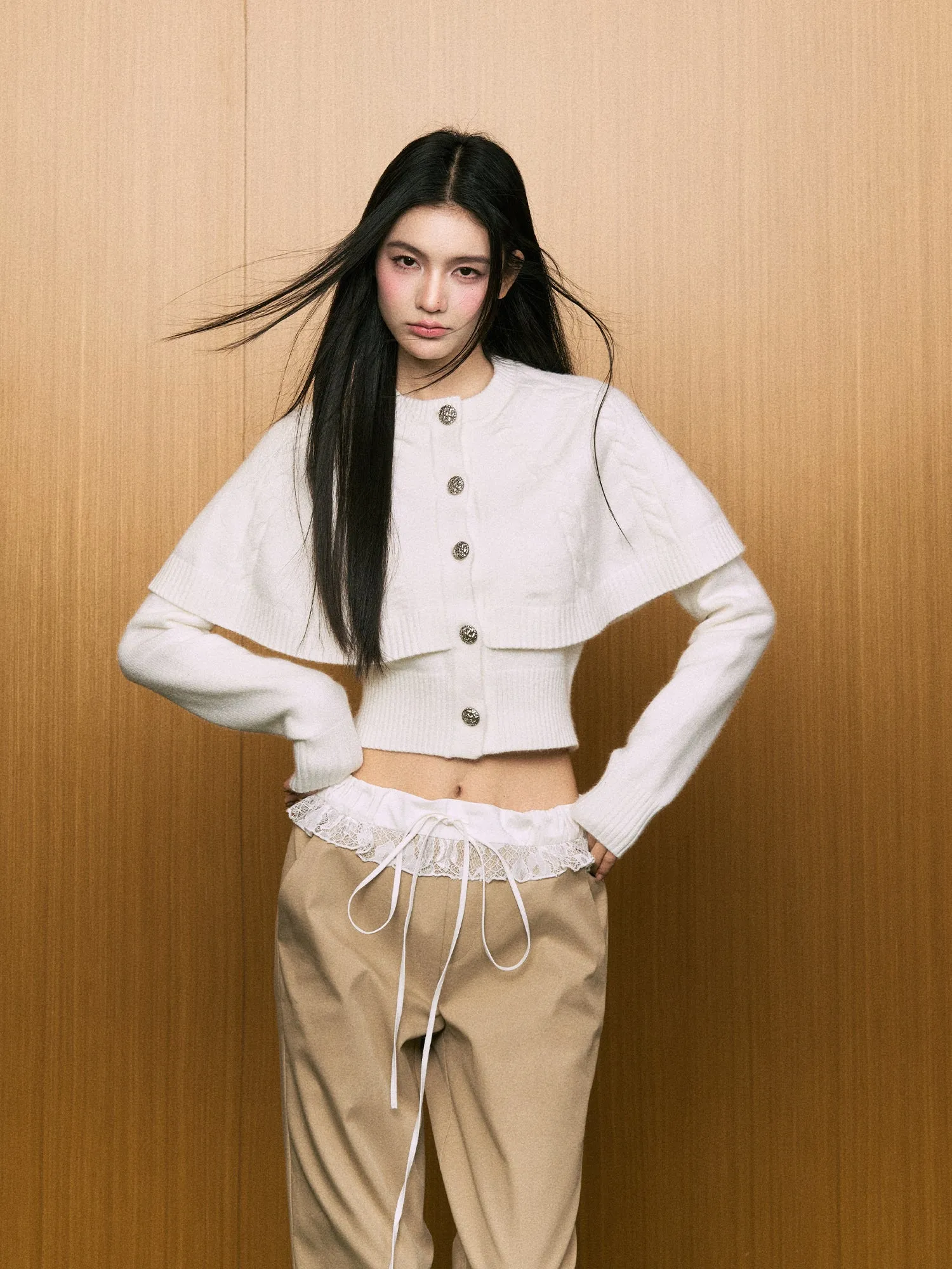 AGAM White Cape-Style Short Sweater with Braided Knit Design