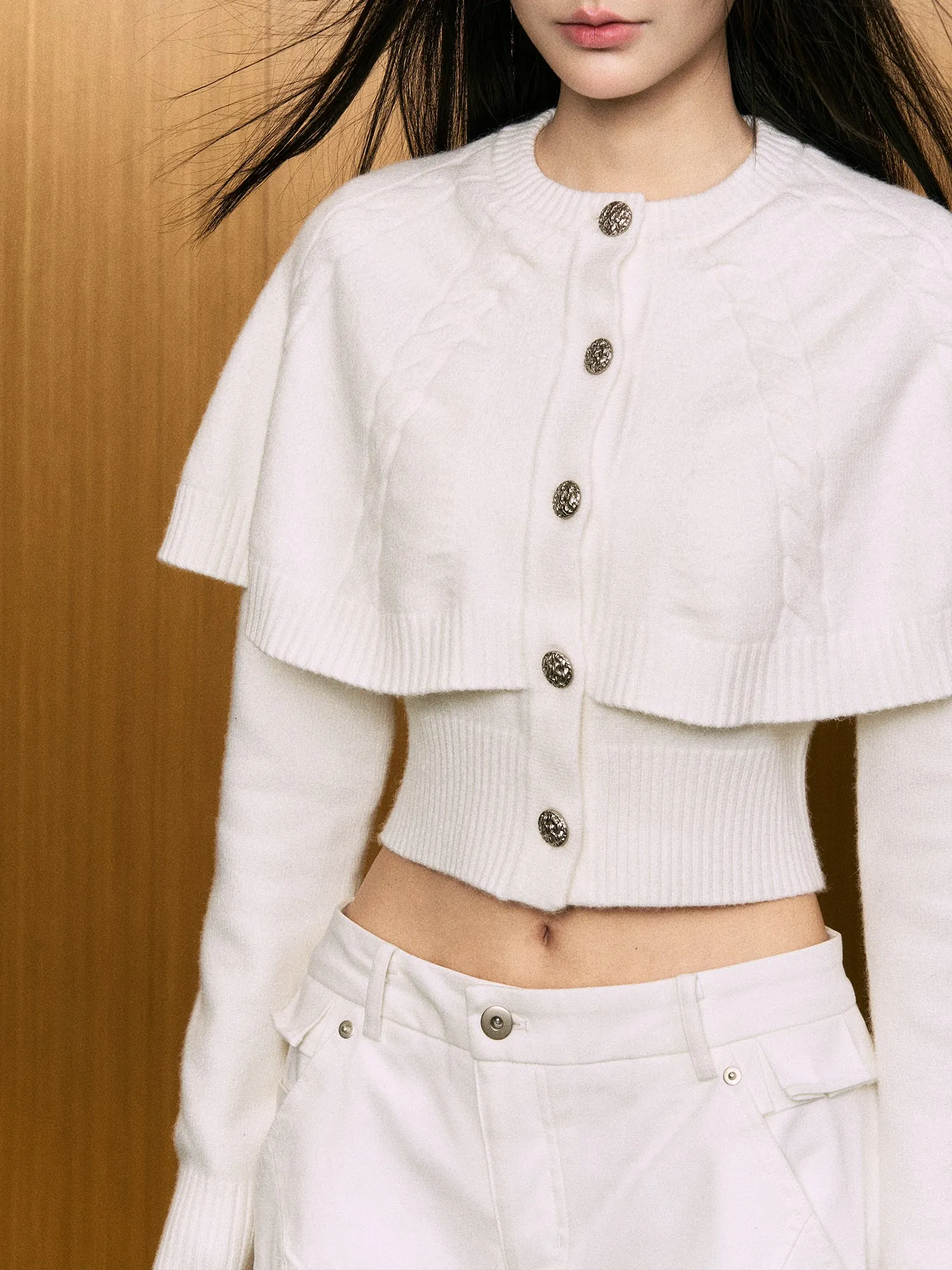 AGAM White Cape-Style Short Sweater with Braided Knit Design