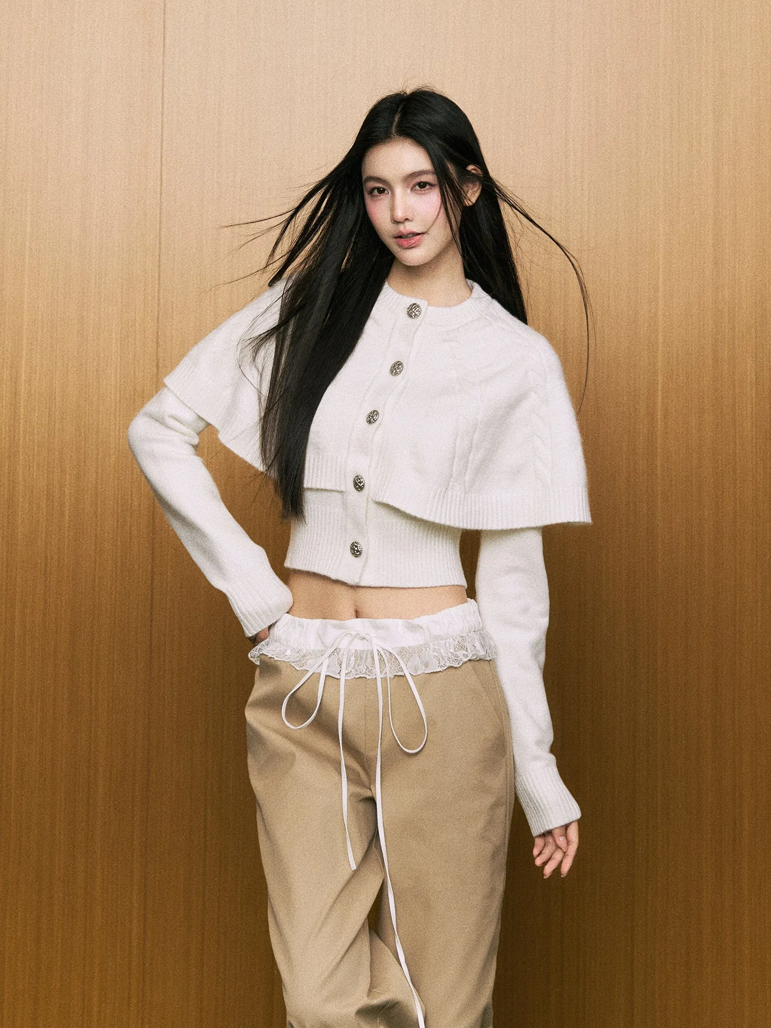 AGAM White Cape-Style Short Sweater with Braided Knit Design