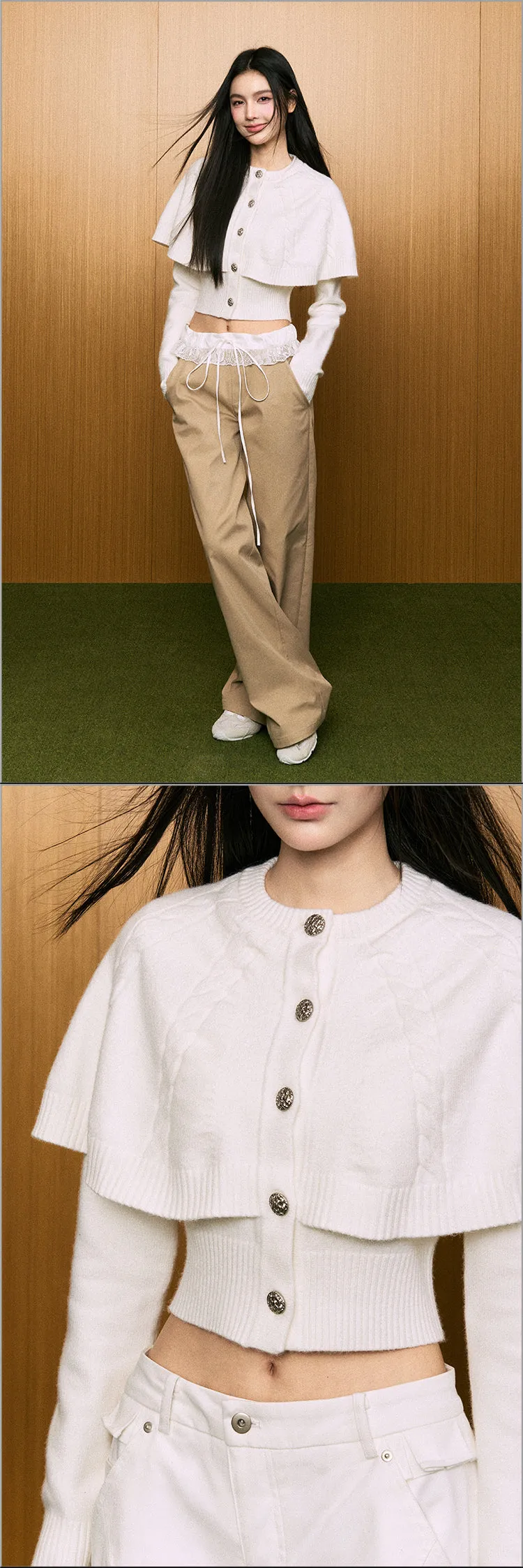 AGAM White Cape-Style Short Sweater with Braided Knit Design