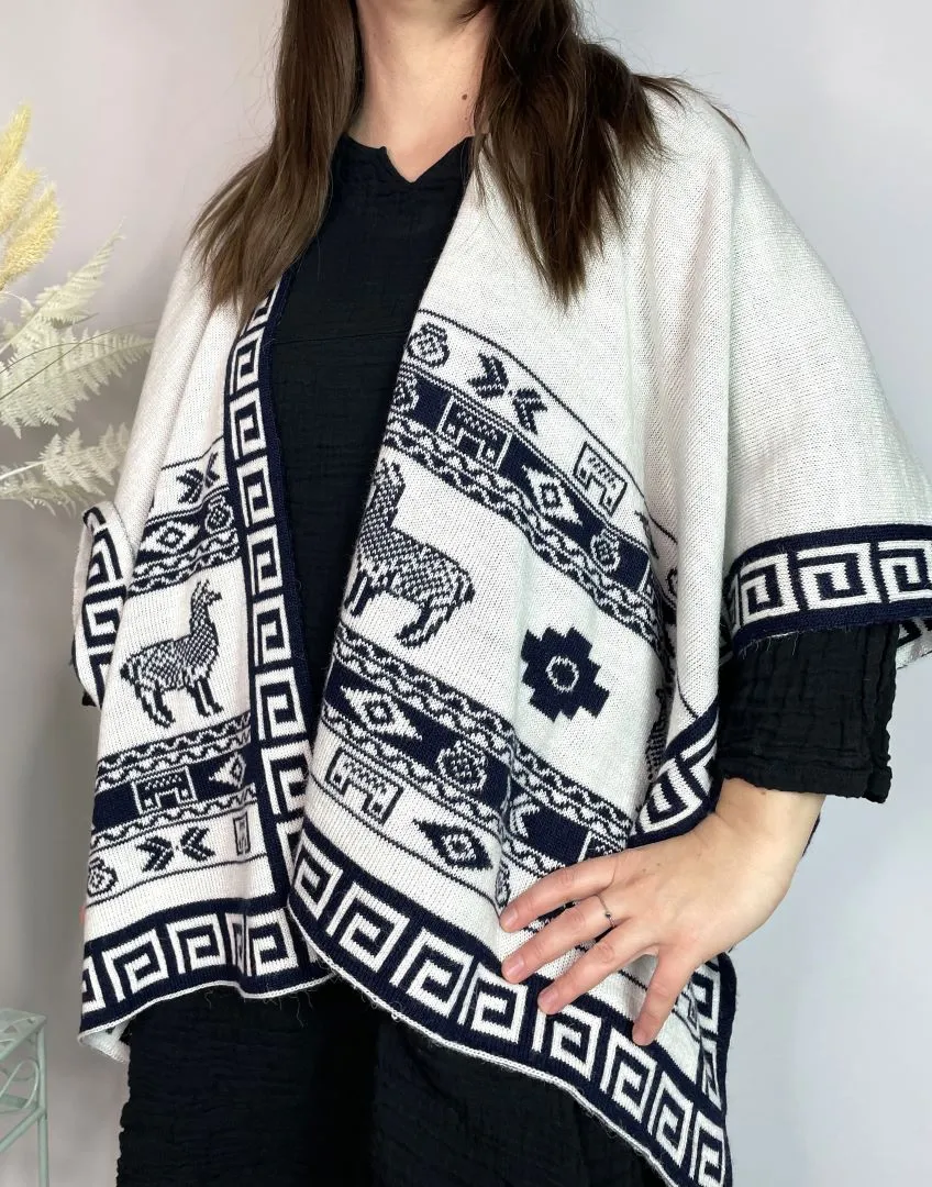 Alpaca Reversible Shawl - Women's Ruana Wrap - Navy and White, Peru