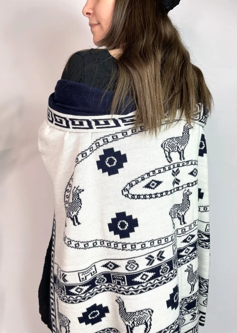 Alpaca Reversible Shawl - Women's Ruana Wrap - Navy and White, Peru