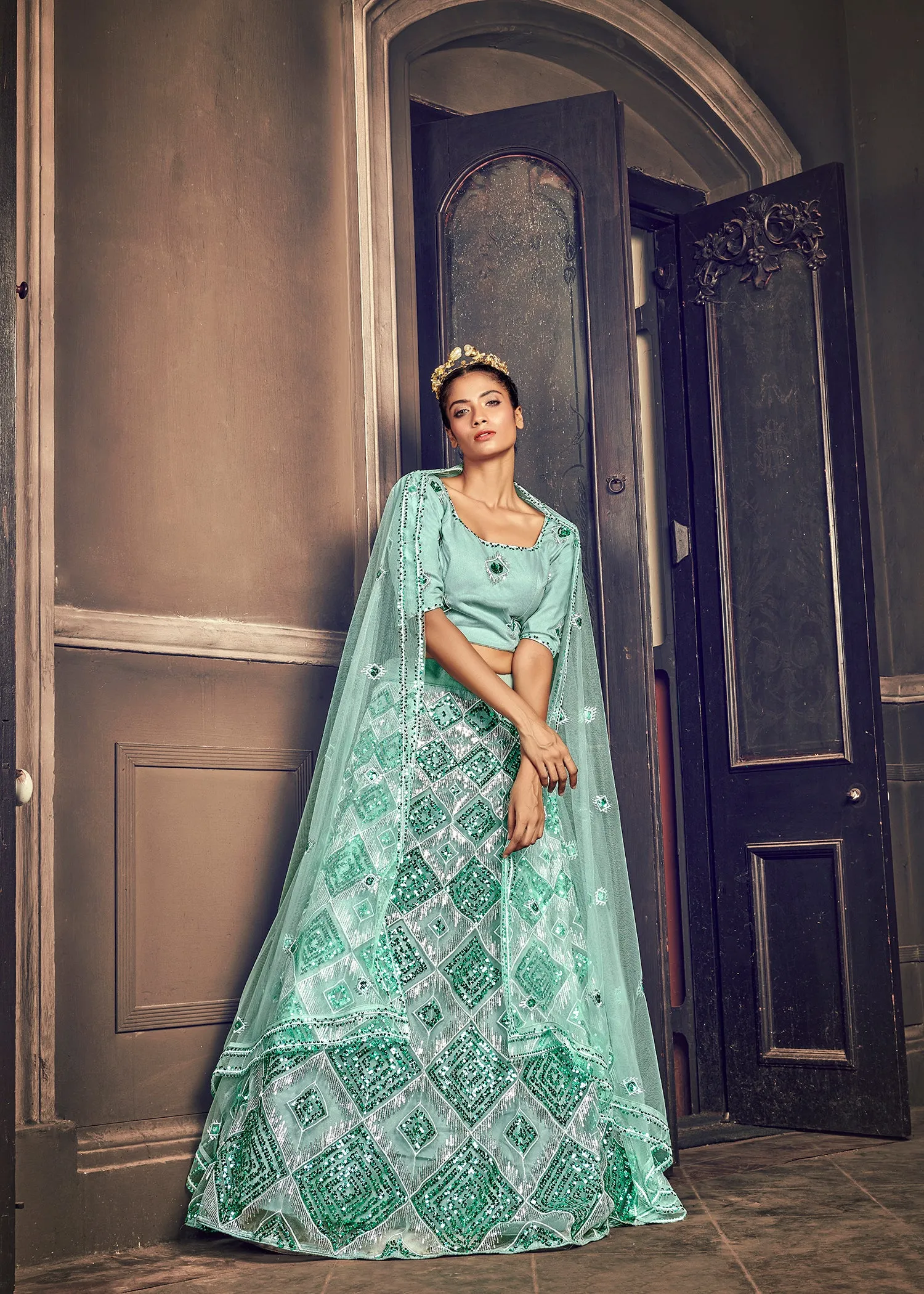 Appealing Turquoise Blue Georgette Embroidered Ghagra Choli With Dupatta