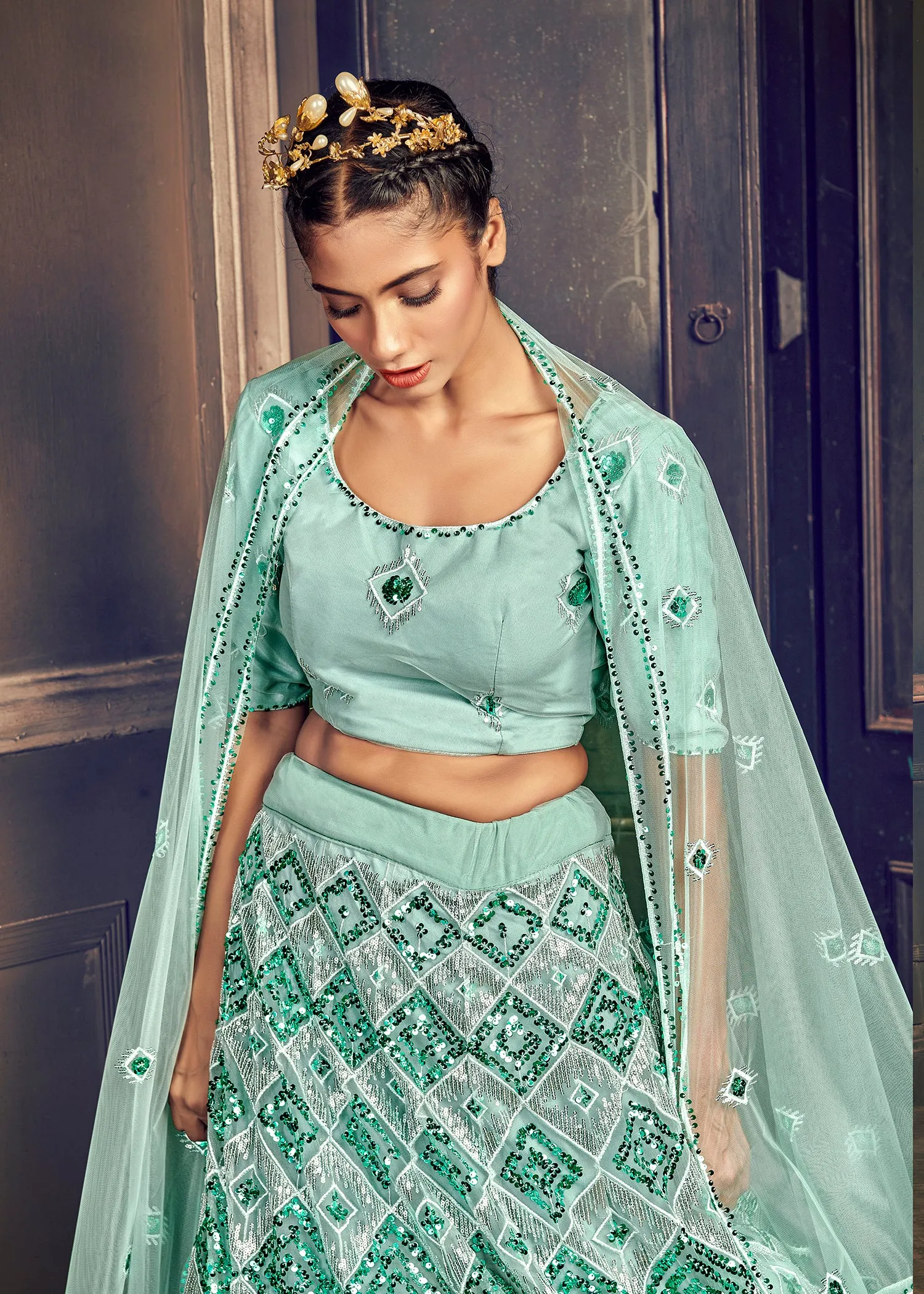 Appealing Turquoise Blue Georgette Embroidered Ghagra Choli With Dupatta