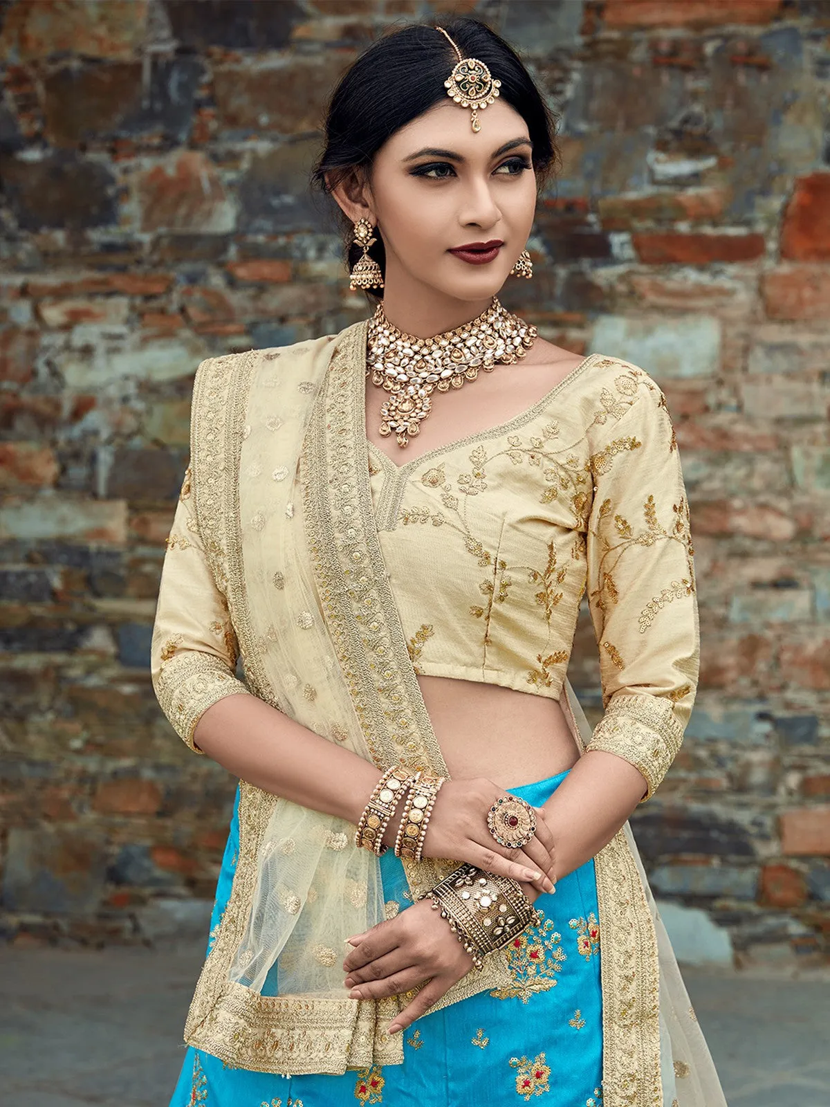 Aqua Blue Art Silk Semi Stitched Lehenga With Unstitched Blouse
