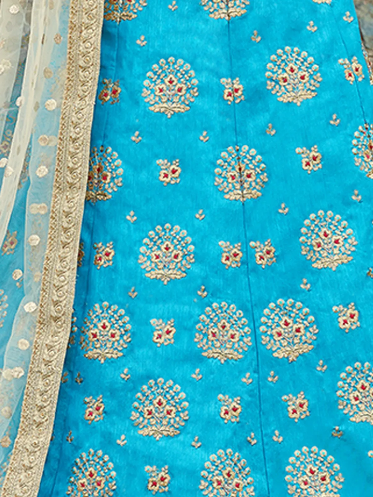 Aqua Blue Art Silk Semi Stitched Lehenga With Unstitched Blouse
