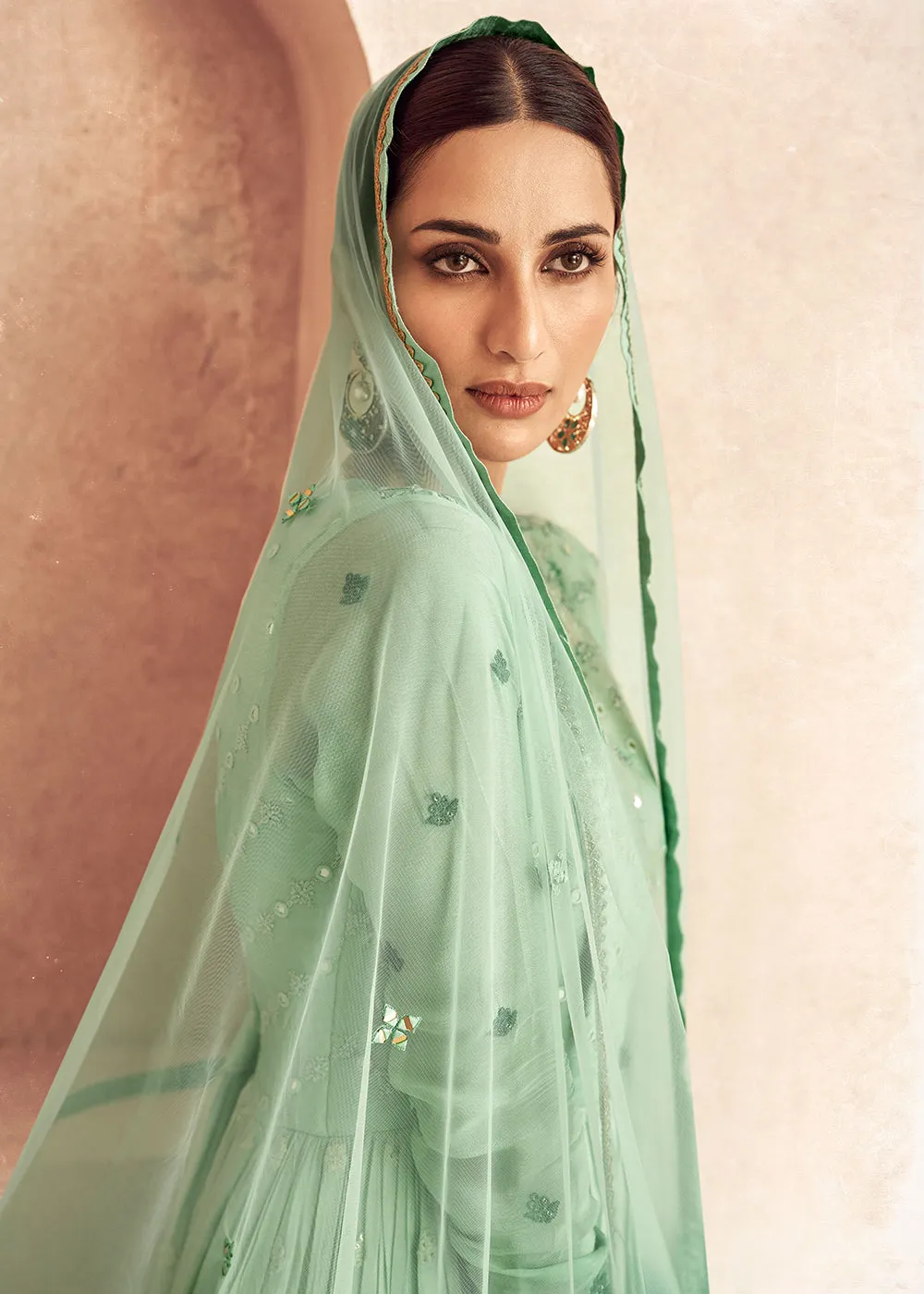 Aqua Green Shaded Georgette Embroidered Wedding Anarkali Gown
