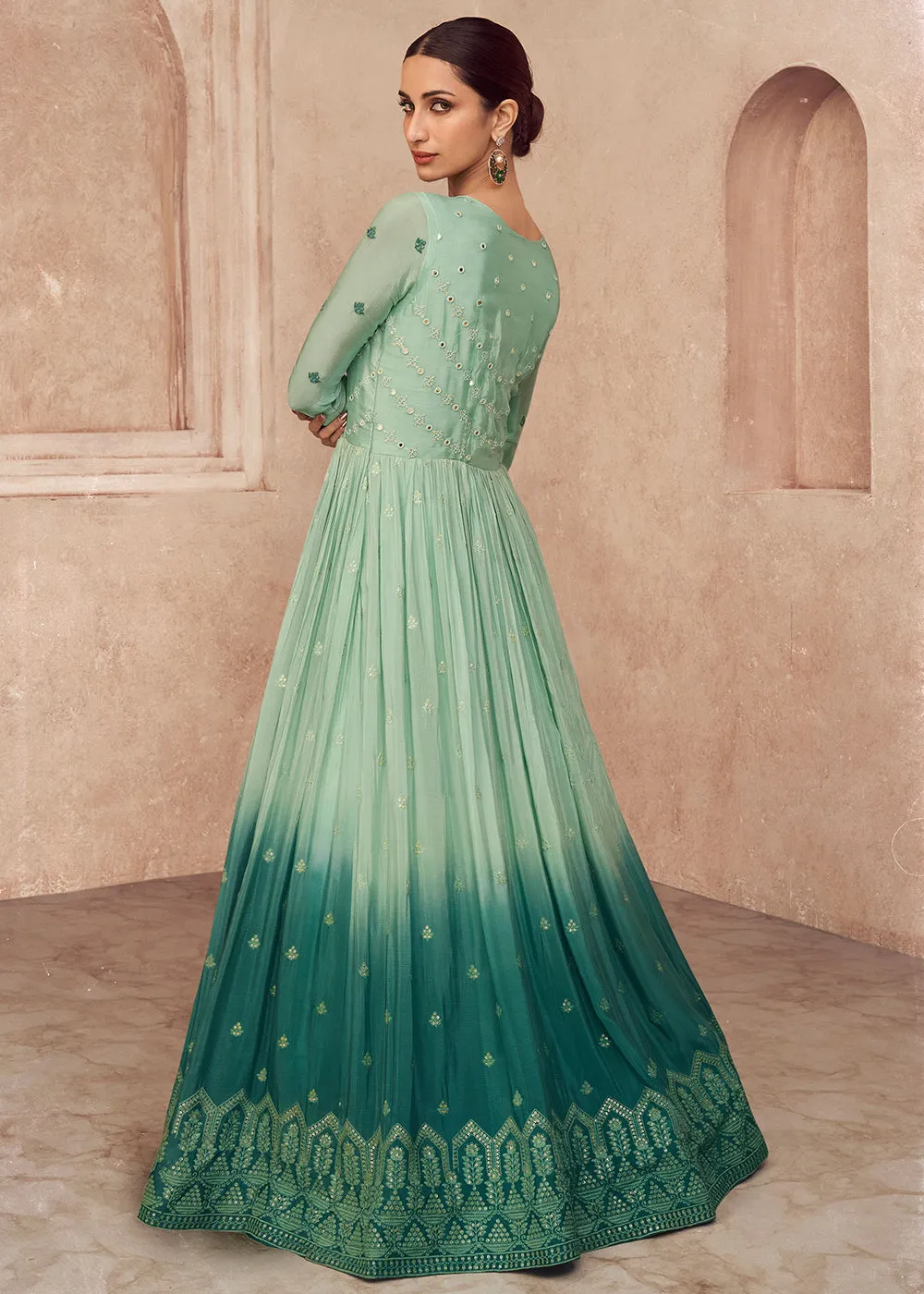 Aqua Green Shaded Georgette Embroidered Wedding Anarkali Gown