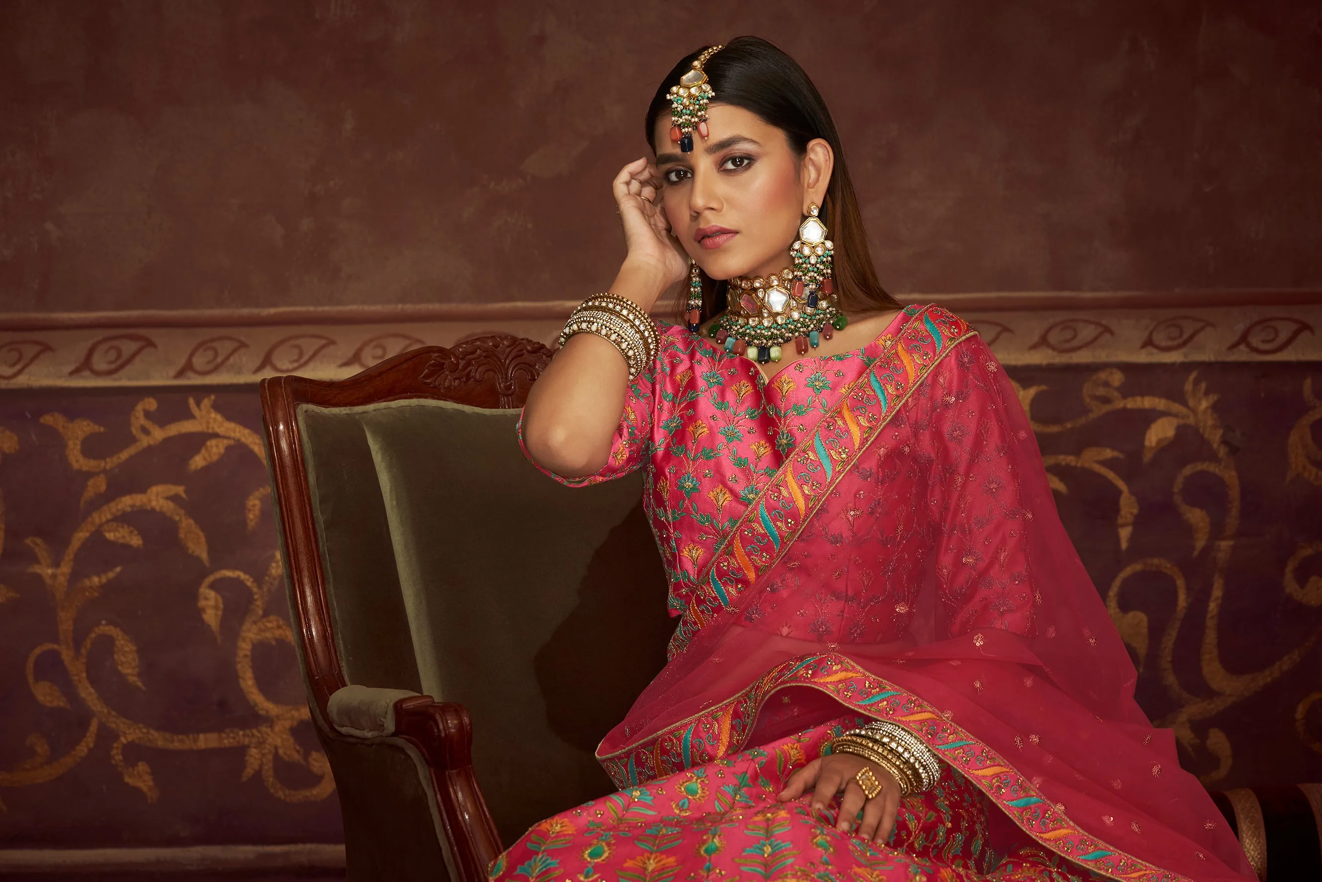 Art Silk Printed Pink Wedding Lehenga Choli With Dupatta