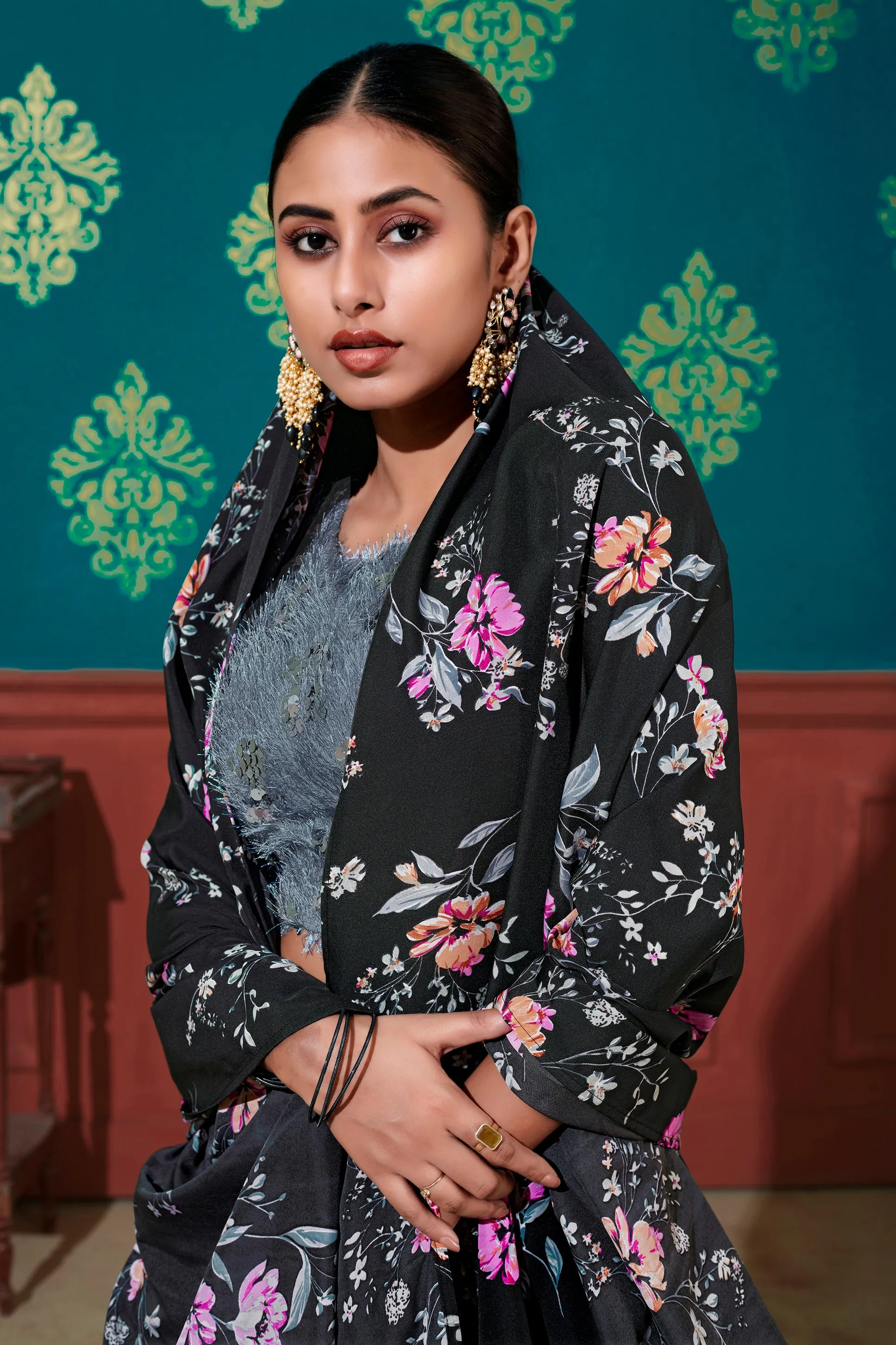 Astounding Black-Grey Digital Printed Silk Party Wear Lehenga Choli