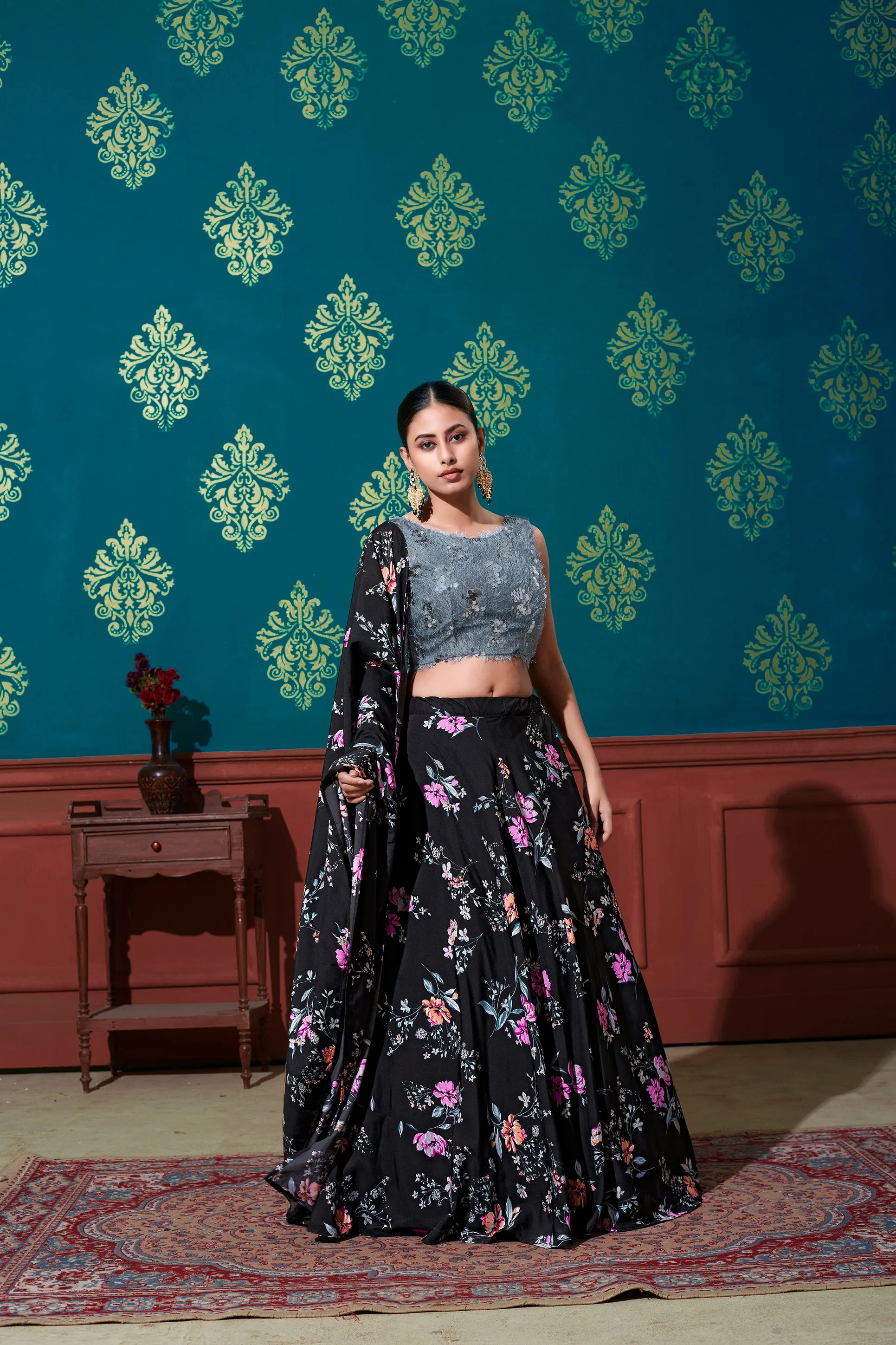 Astounding Black-Grey Digital Printed Silk Party Wear Lehenga Choli