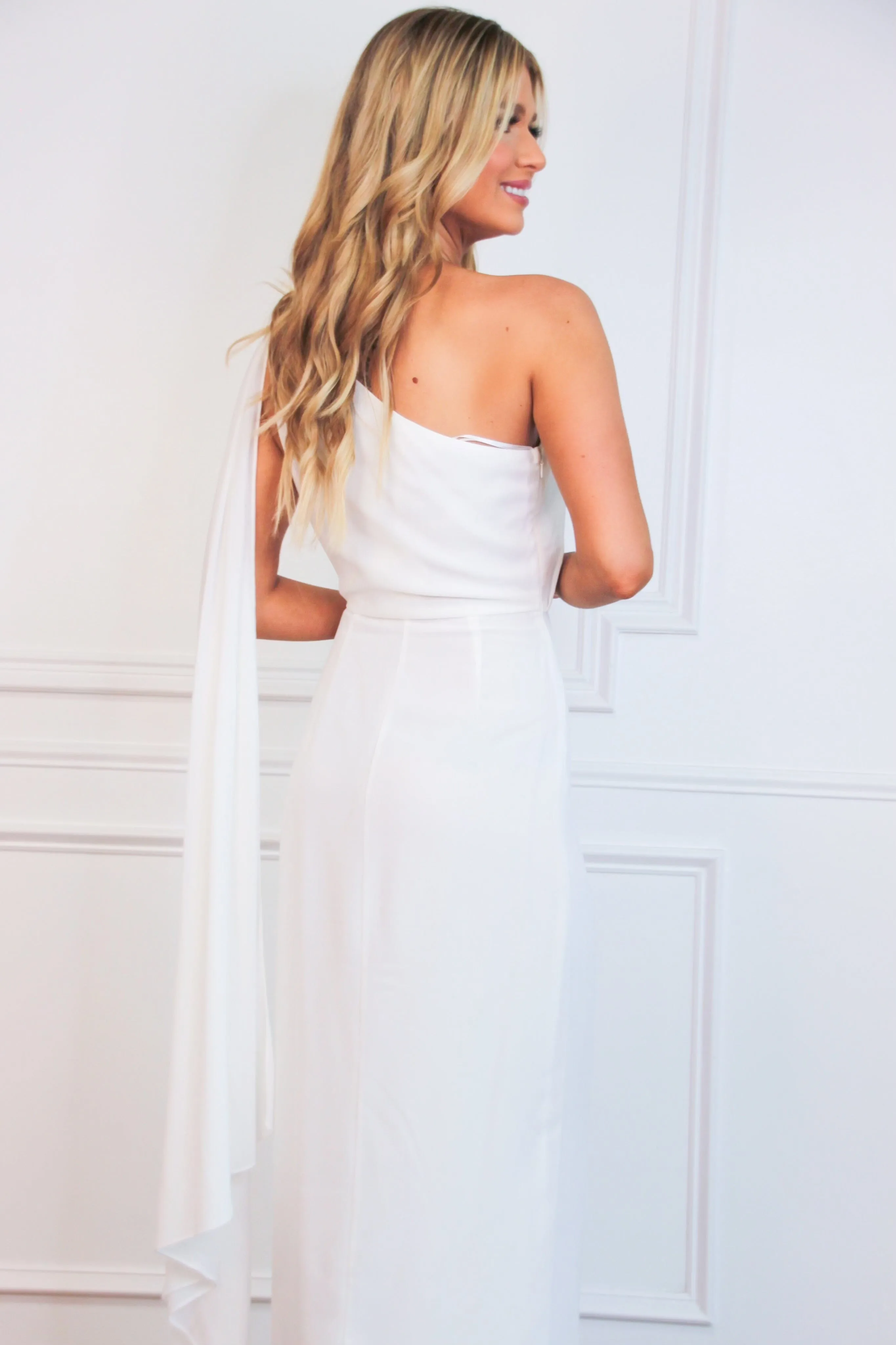 Athena One Shoulder Cape Sleeve Maxi Dress: White