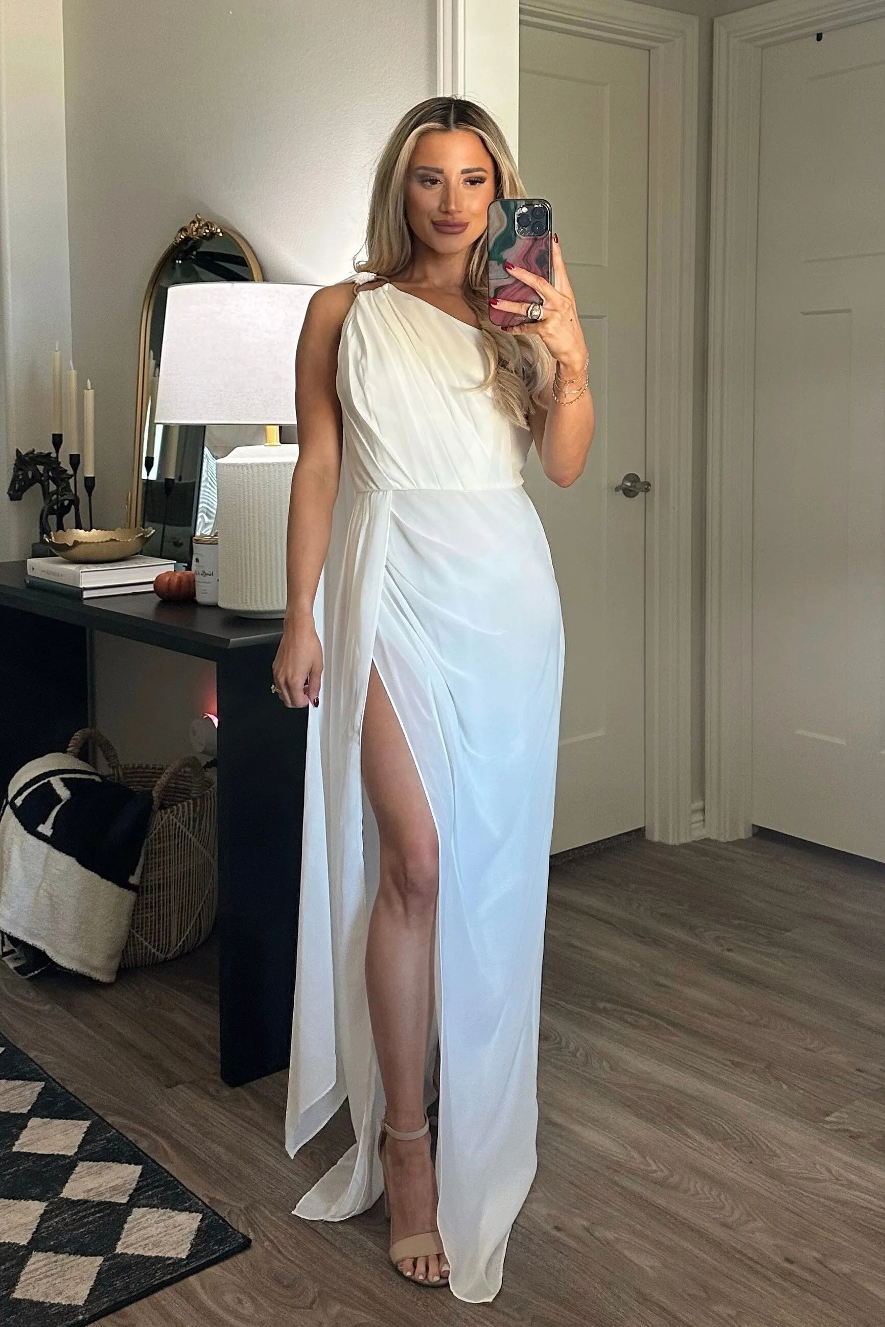 Athena One Shoulder Cape Sleeve Maxi Dress: White