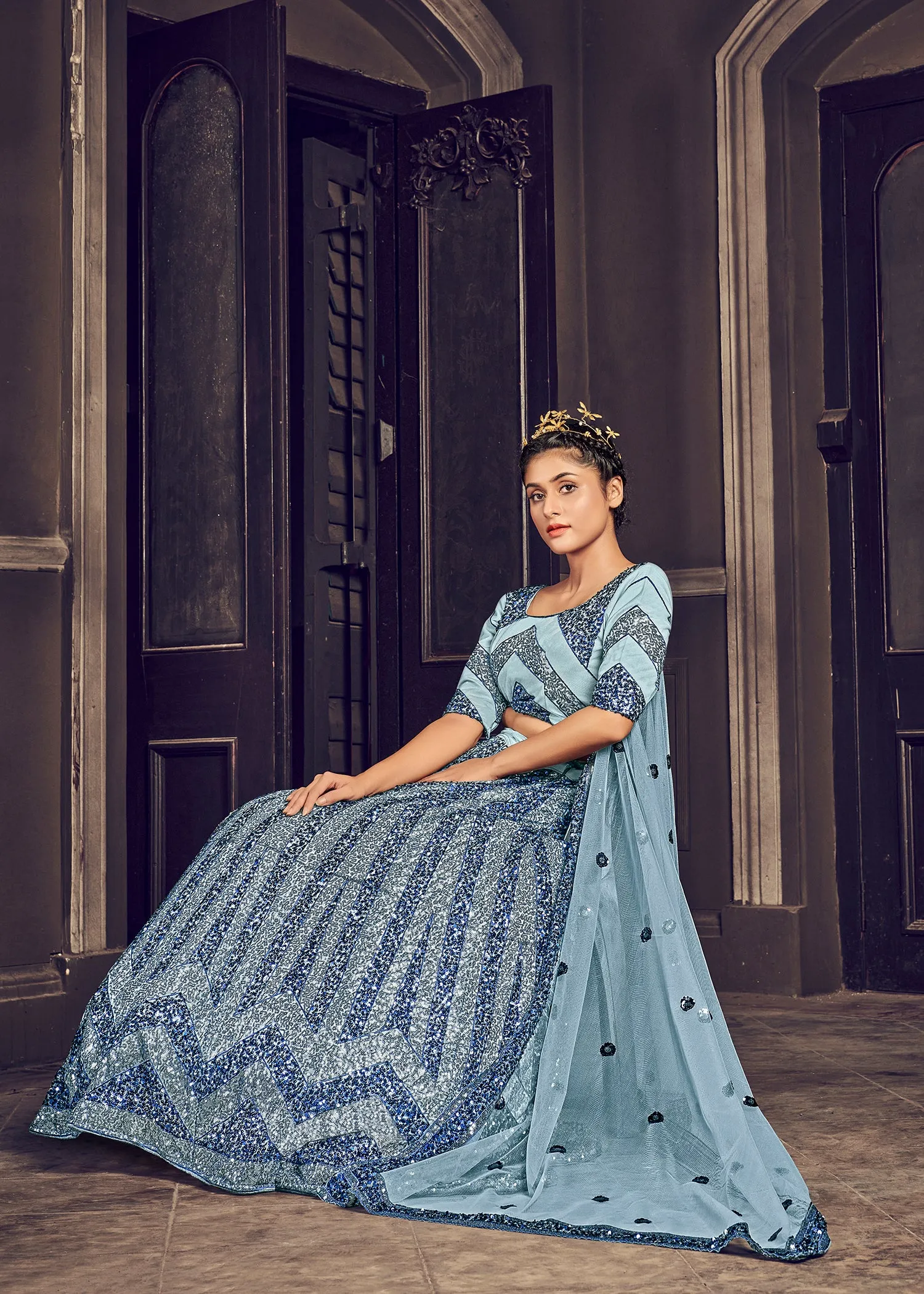 Attractive Grey Sequins Embroidered Net Semi Stitched Party Lehenga
