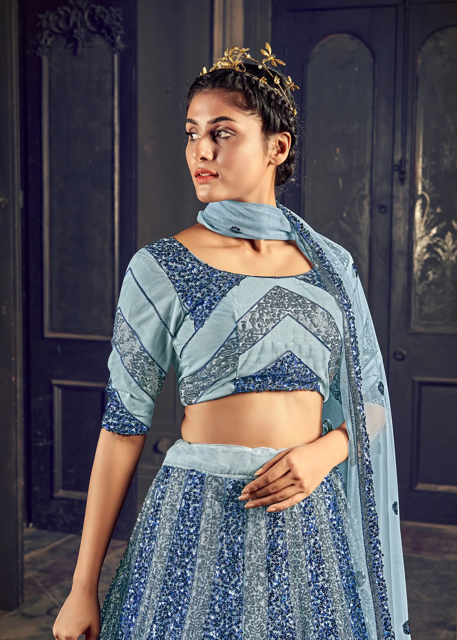 Attractive Grey Sequins Embroidered Net Semi Stitched Party Lehenga