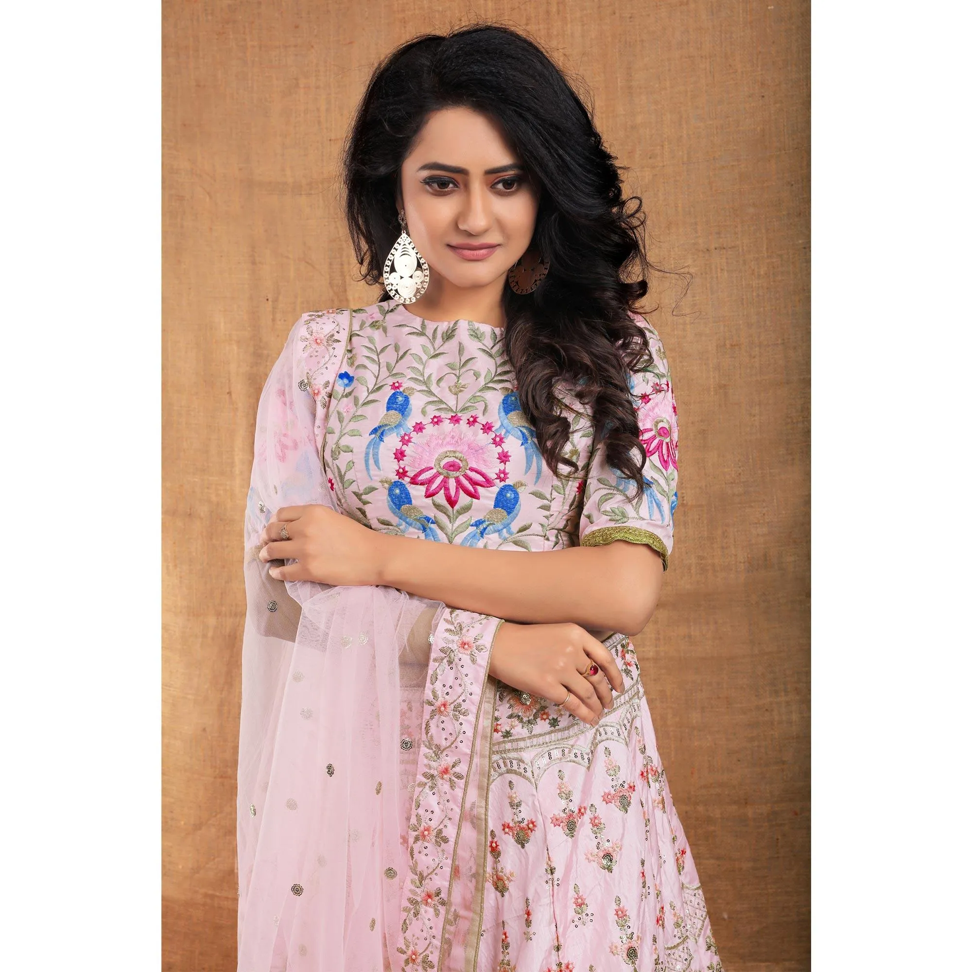 Baby-Pink Party Wear Sequins Embroidered Silk Lehenga Choli