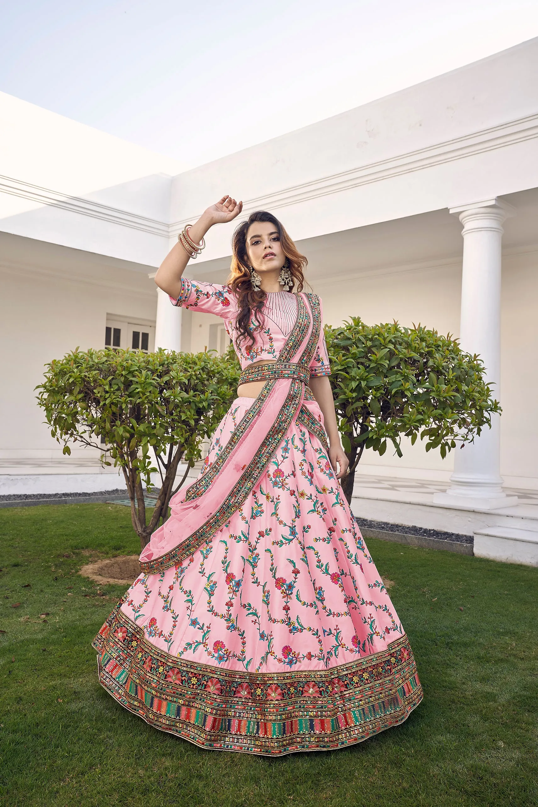 Baby Pink Thread With Sequins Embroidered Silk Semi Stitched Wedding Lehenga