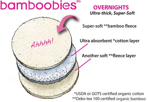 Bamboobies Washable Reusable Overnight Nursing Pads, 2-Pair