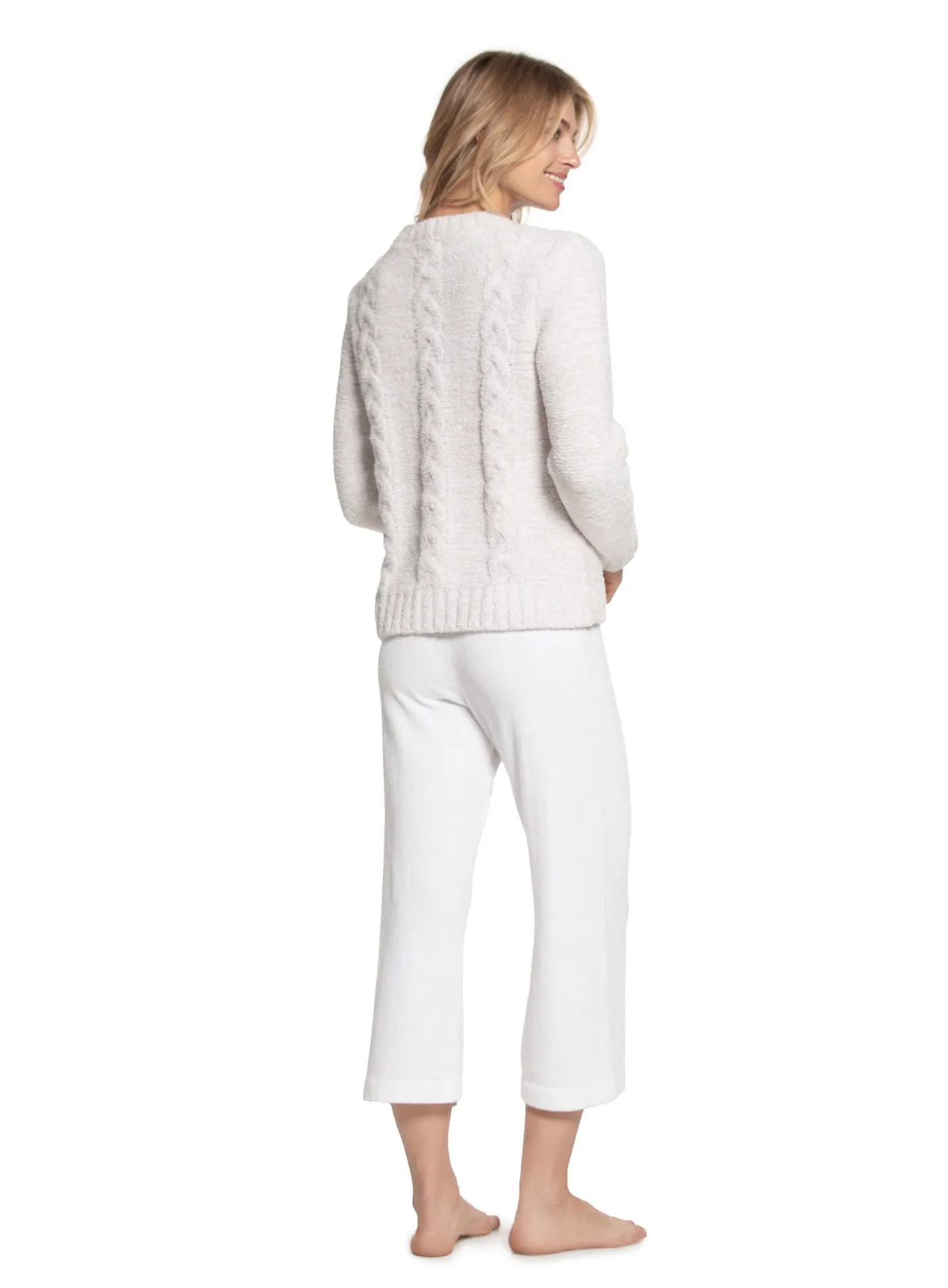 Barefoot Dreams - Cozychic Heathered Cable Pullover in HE-Stone/White