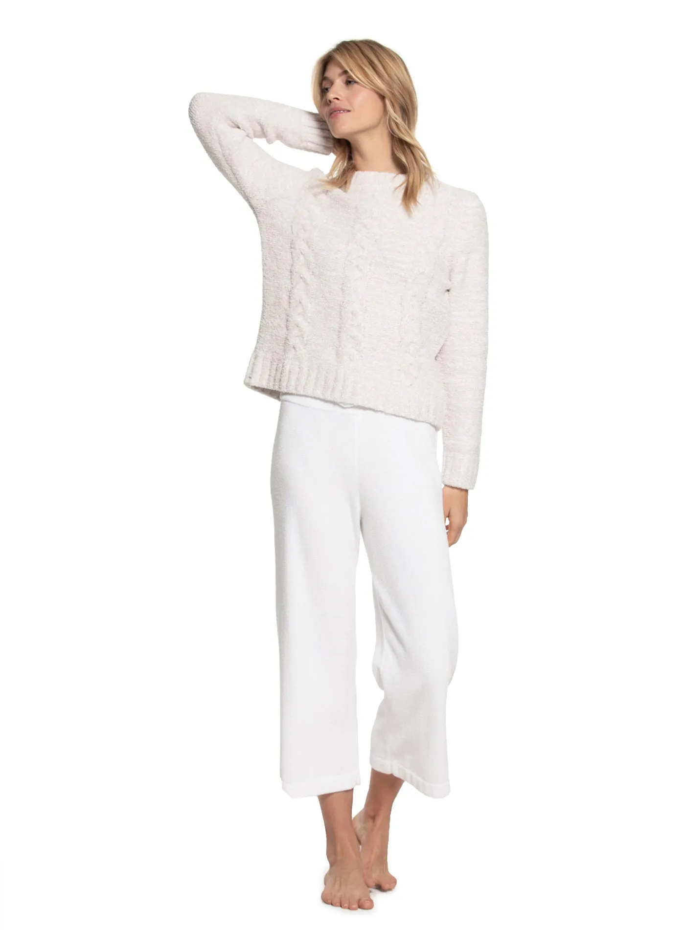 Barefoot Dreams - Cozychic Heathered Cable Pullover in HE-Stone/White
