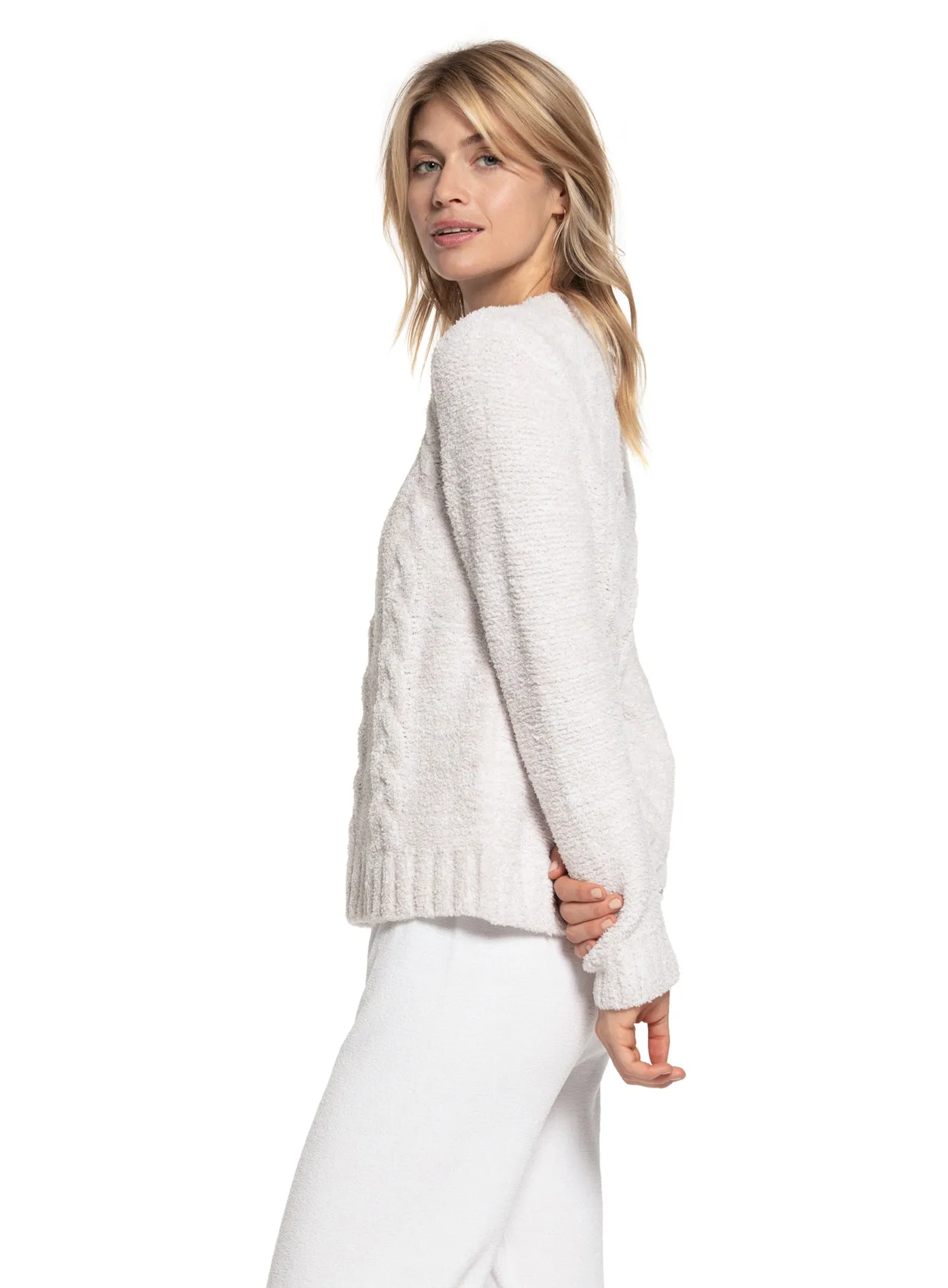 Barefoot Dreams - Cozychic Heathered Cable Pullover in HE-Stone/White