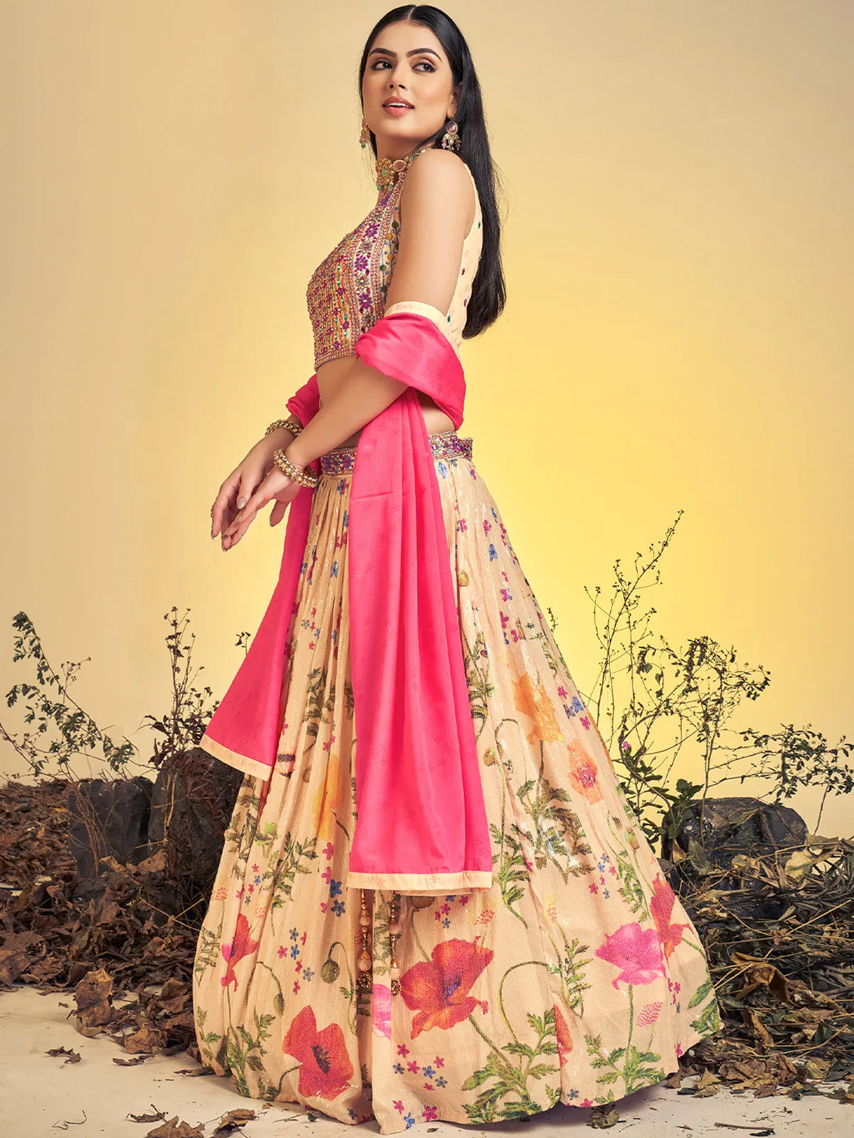 Beautiful Beige Art Silk Sequins Work Stitched Lehenga Choli Set