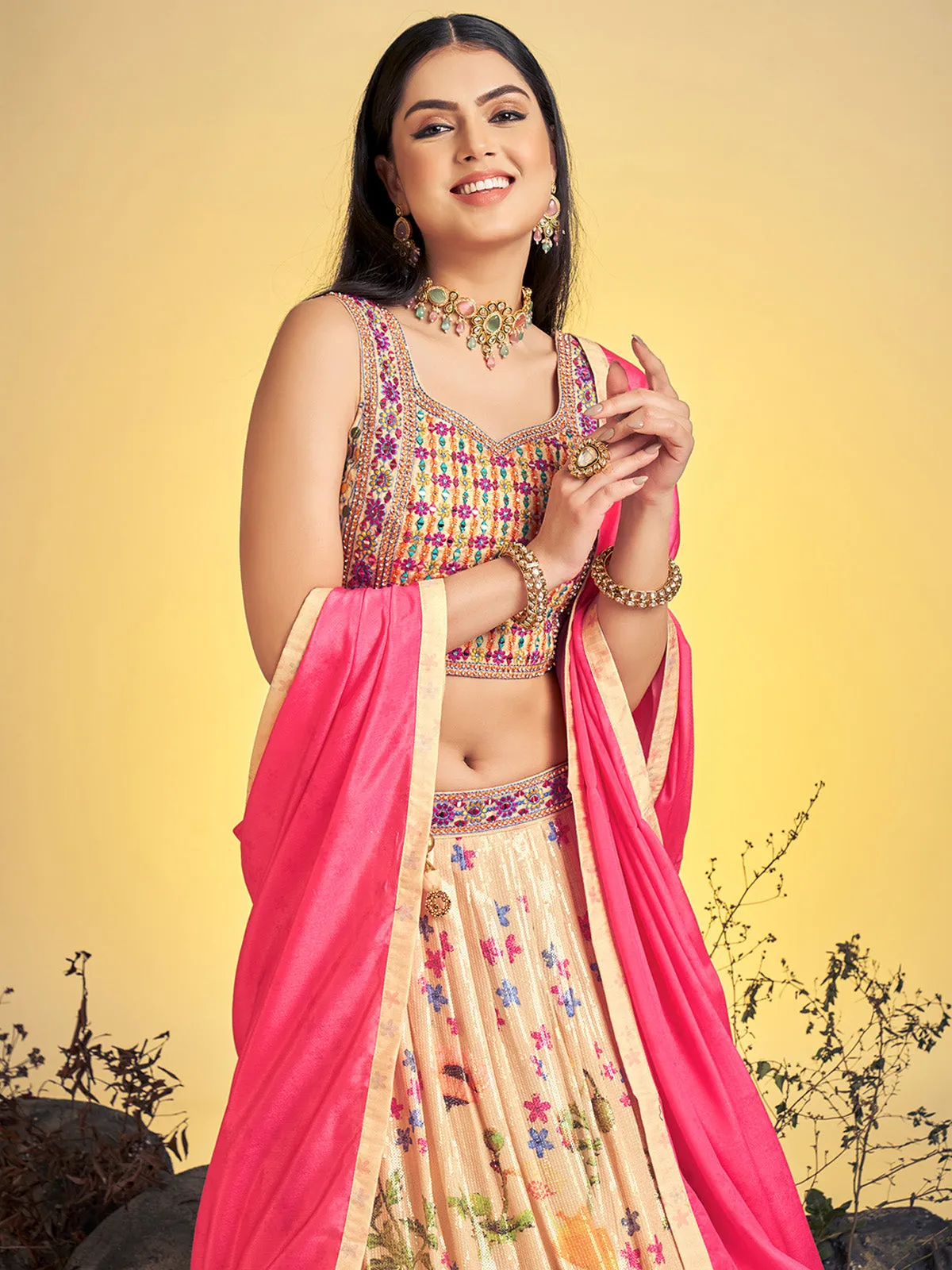 Beautiful Beige Art Silk Sequins Work Stitched Lehenga Choli Set
