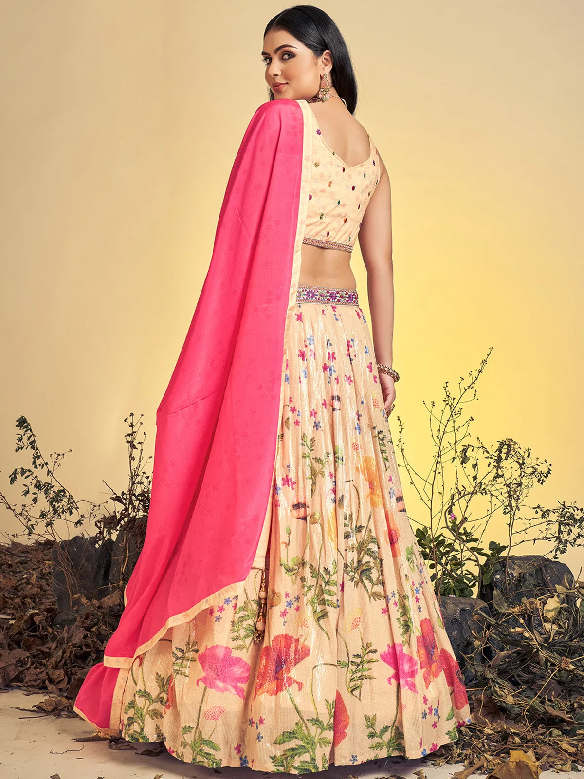 Beautiful Beige Art Silk Sequins Work Stitched Lehenga Choli Set