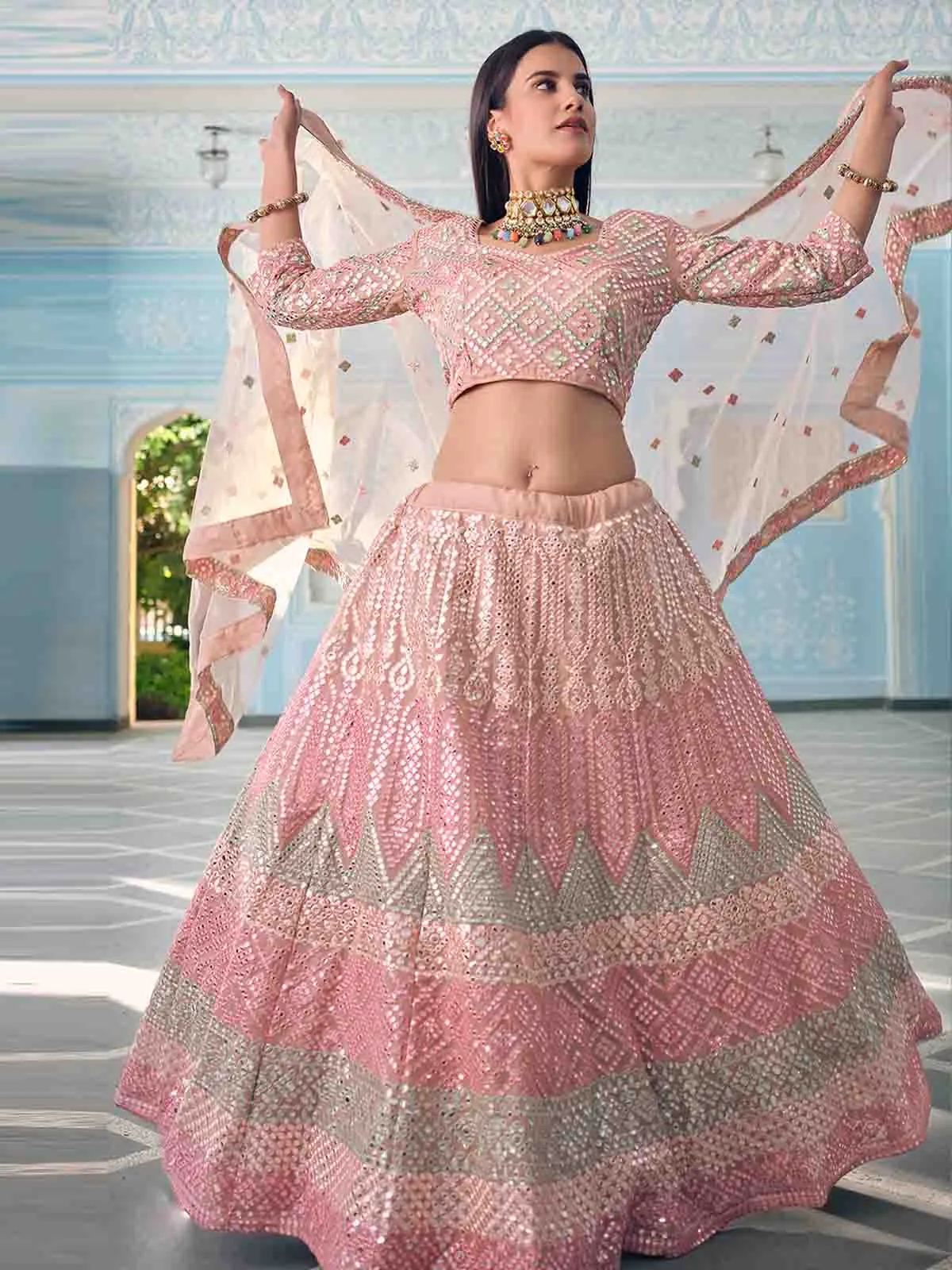 Beautiful Peach Semi Stitched Lehenga With Unstitched Blouse