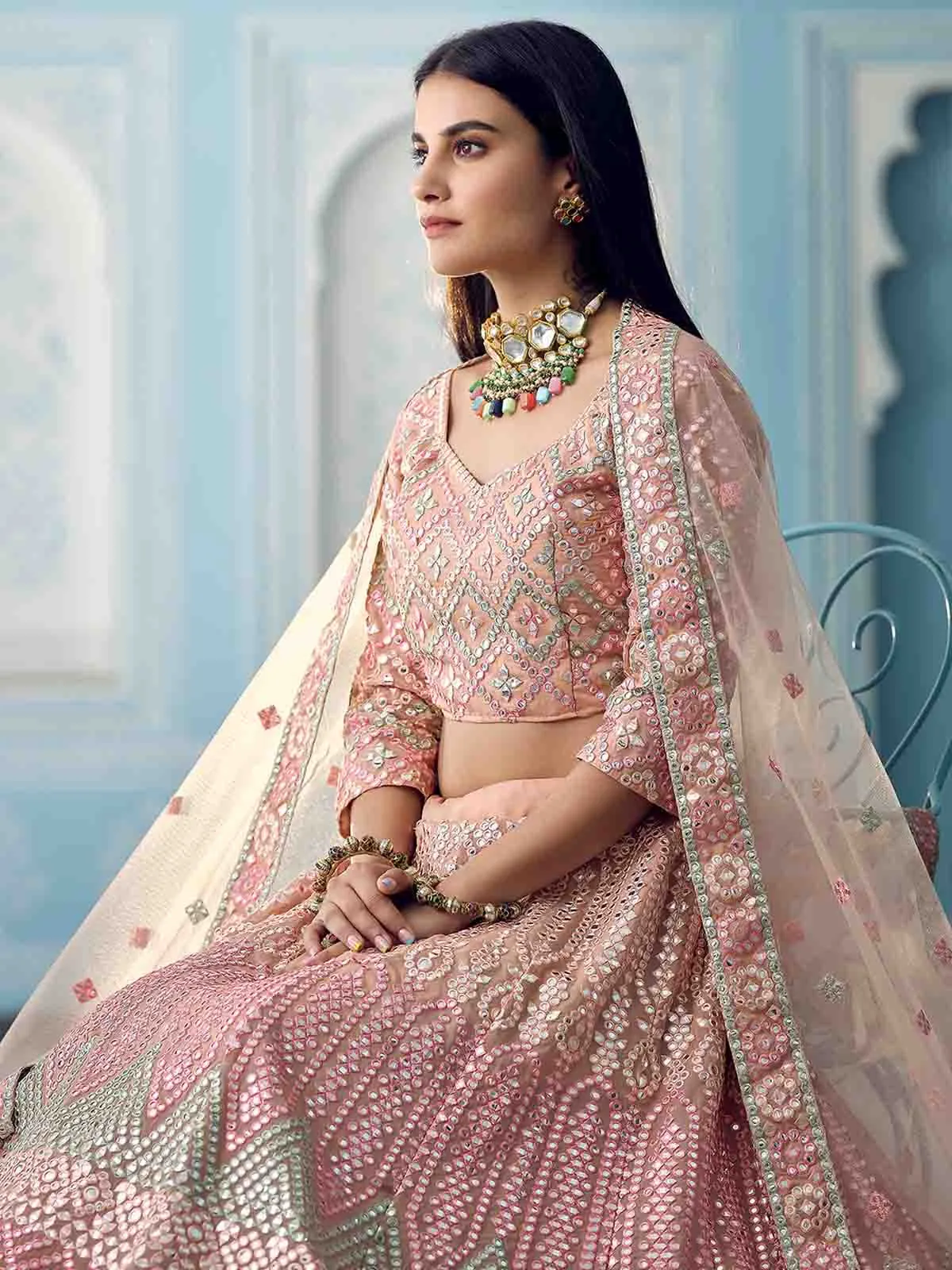 Beautiful Peach Semi Stitched Lehenga With Unstitched Blouse