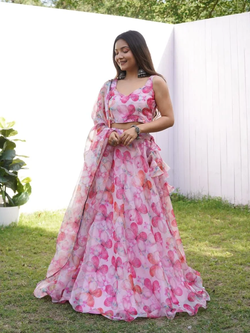 Beautiful Pink Color Digital Print Party Wear Lehenga Choli