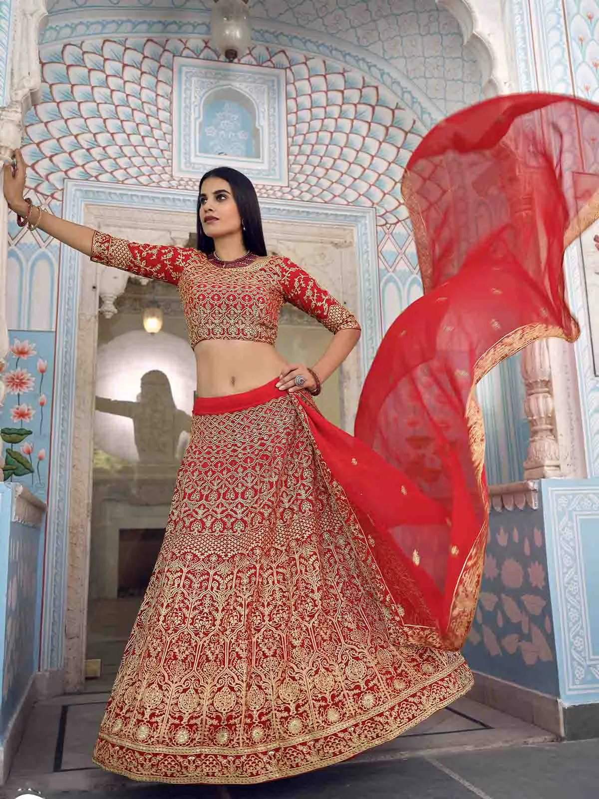 Beautiful Red Semi Stitched Lehenga With Unstitched Blouse
