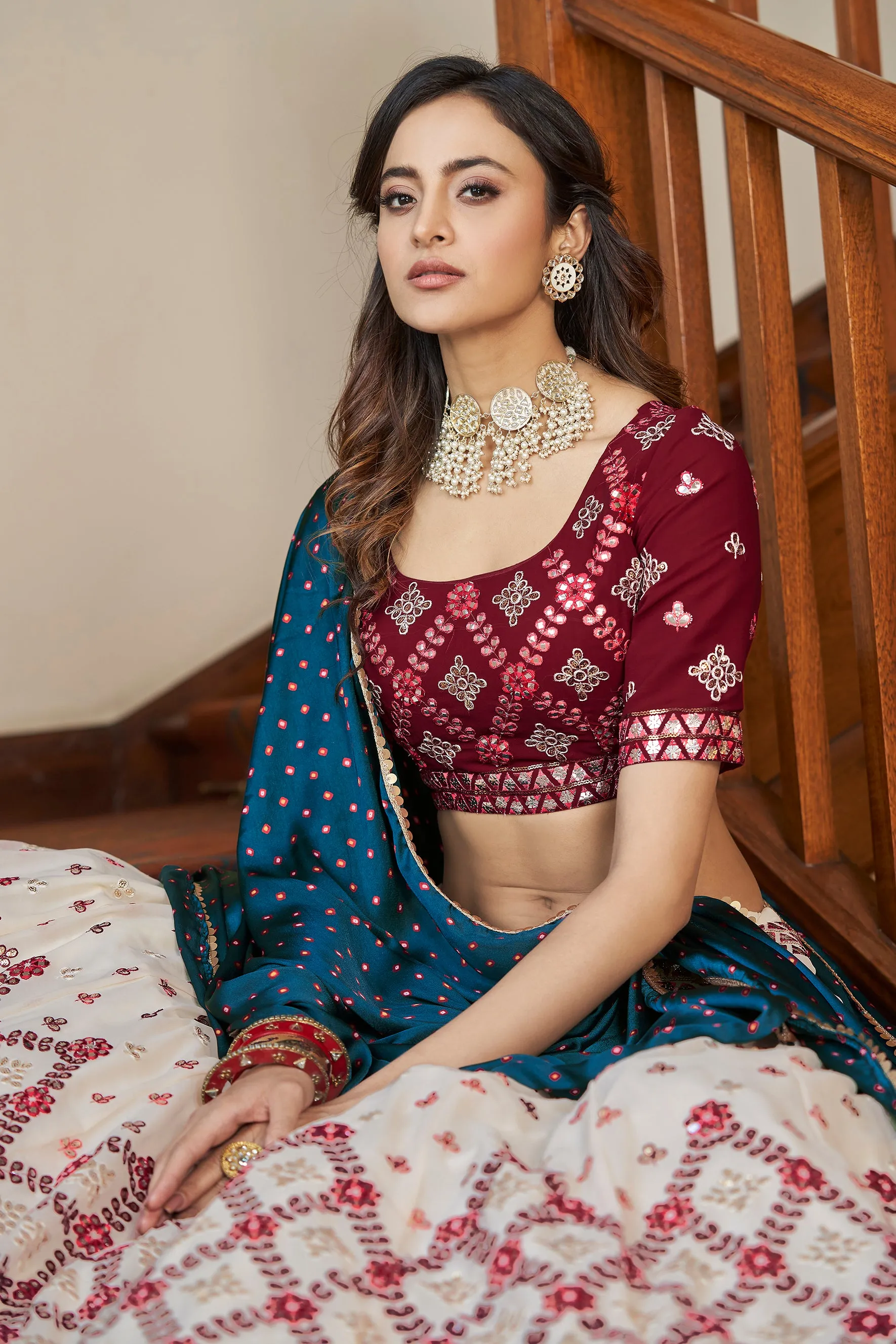 Beige & Maroon Gota With Thread And Sequins Embroidered Georgette Lehenga Choli With Gajji-Silk Teal Blue Dupatta