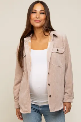 Beige Corduroy Plaid Fleece Lined Button Down Maternity Shacket