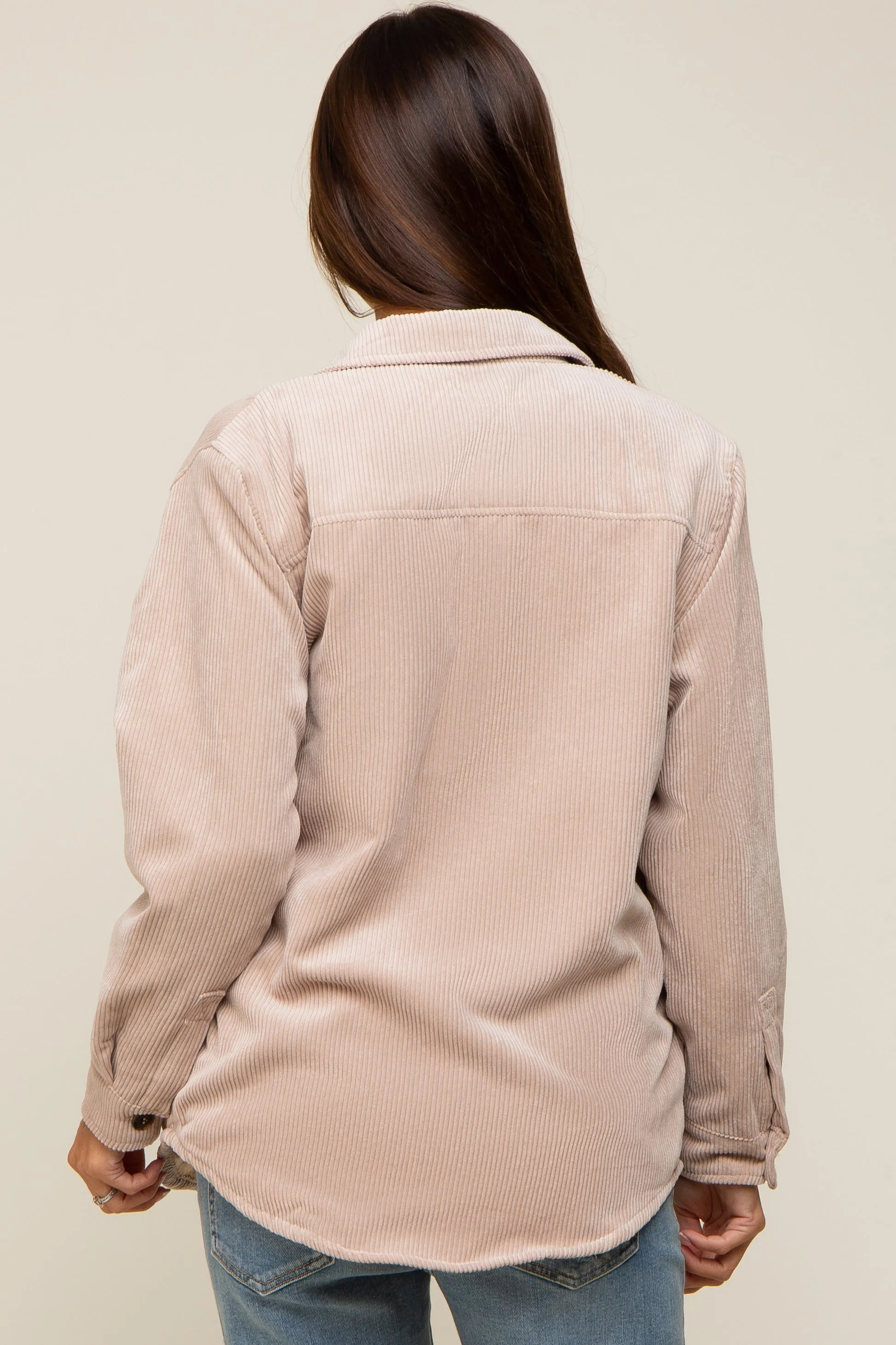 Beige Corduroy Plaid Fleece Lined Button Down Maternity Shacket