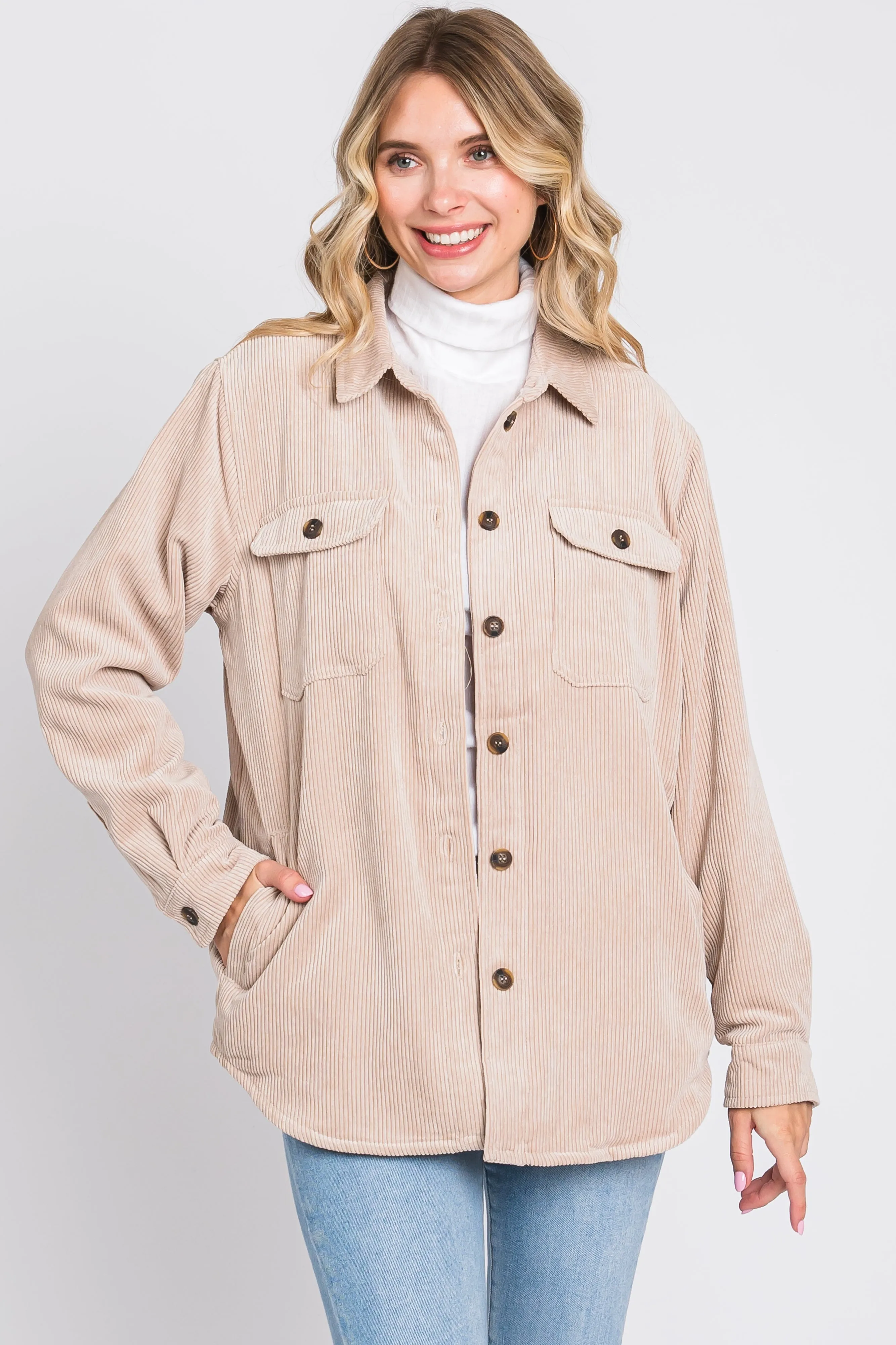 Beige Corduroy Plaid Fleece Lined Button Down Maternity Shacket