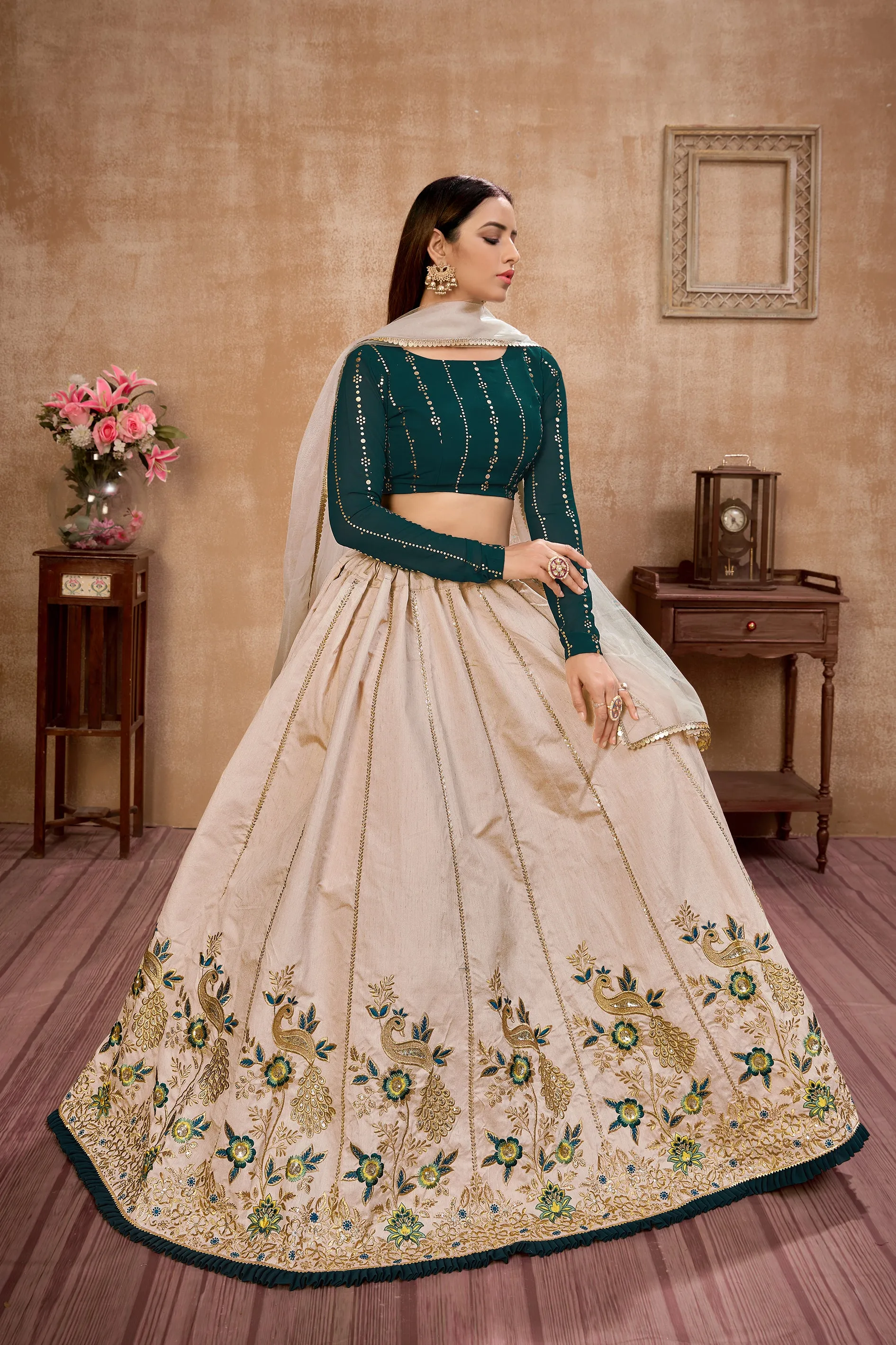 Beige Embroidered Art Silk Wedding Wear Lehenga Choli