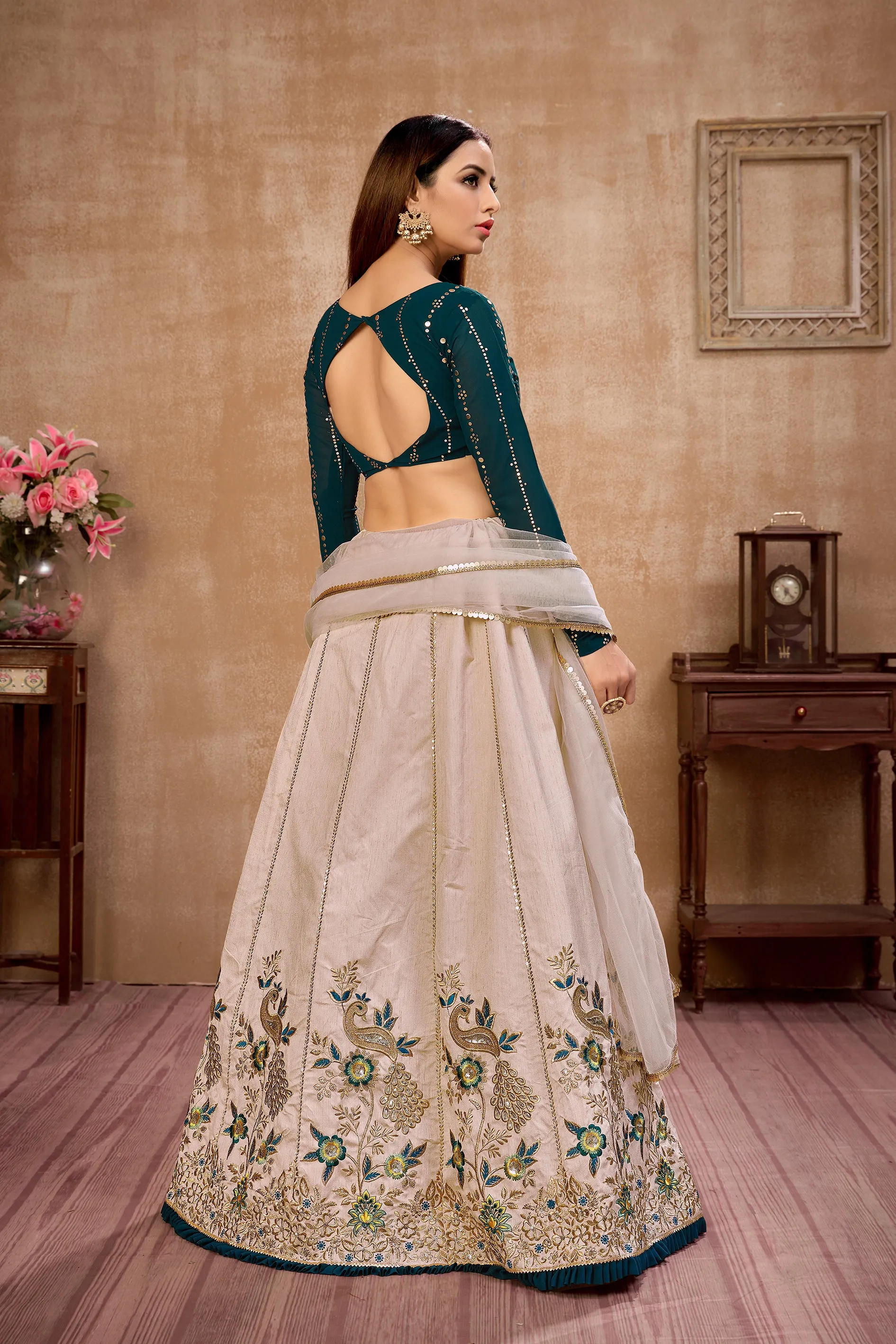 Beige Embroidered Art Silk Wedding Wear Lehenga Choli