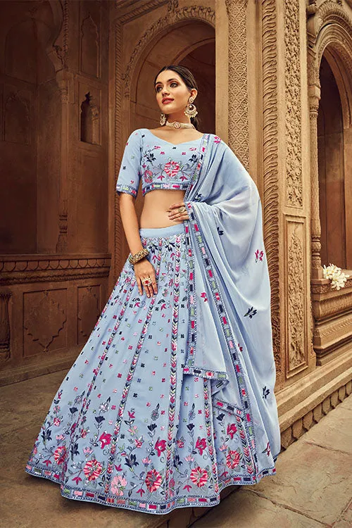 Beige Georgette Thread With Sequince Embroidered Lehenga Choli