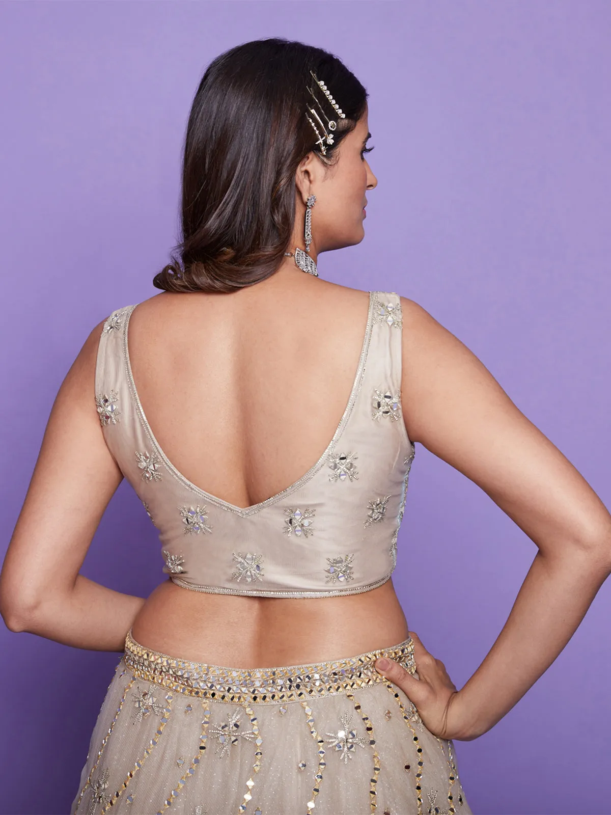 Beige Net Stitched Lehenga Choli