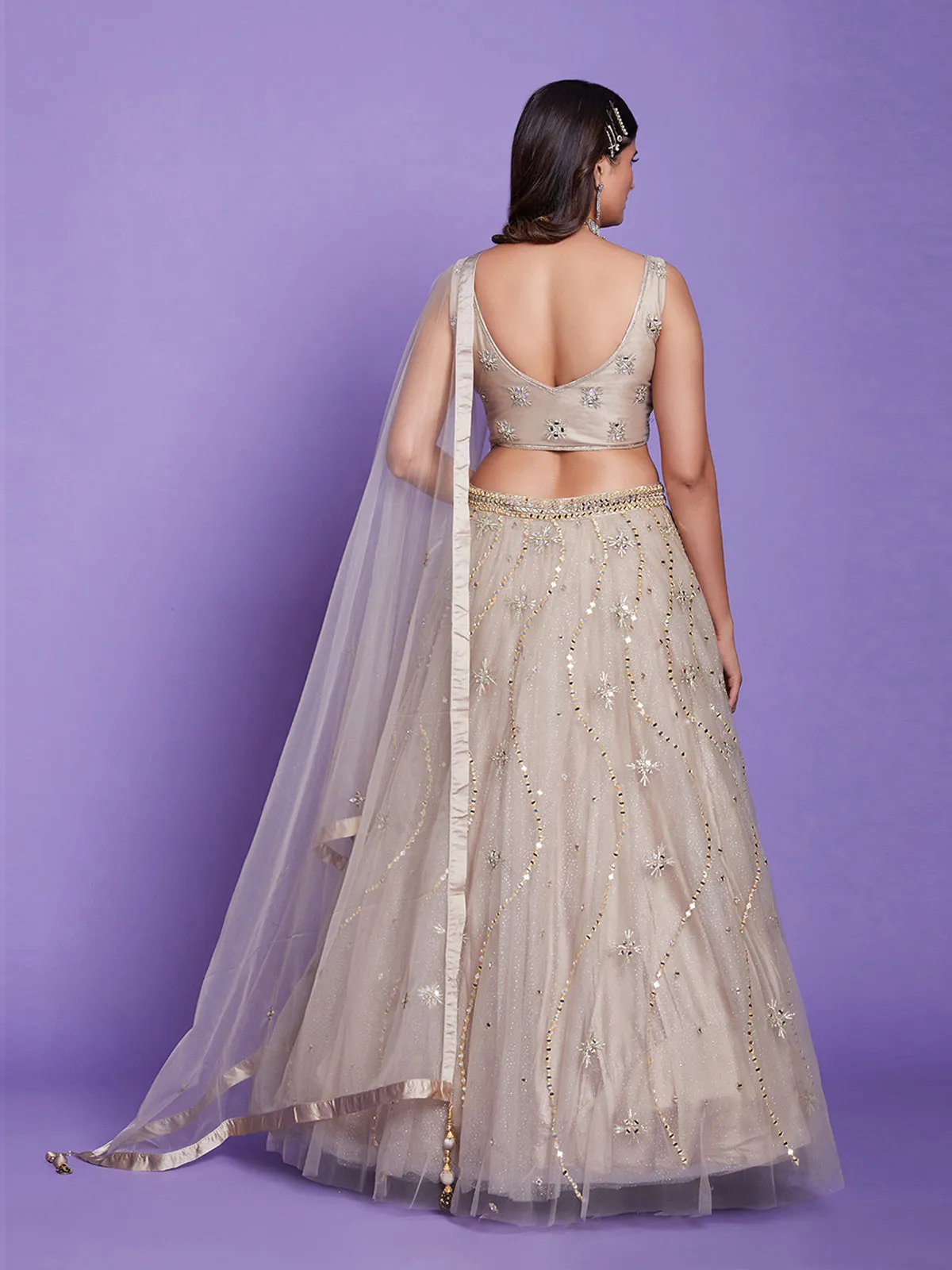 Beige Net Stitched Lehenga Choli