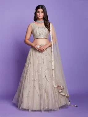 Beige Net Stitched Lehenga Choli